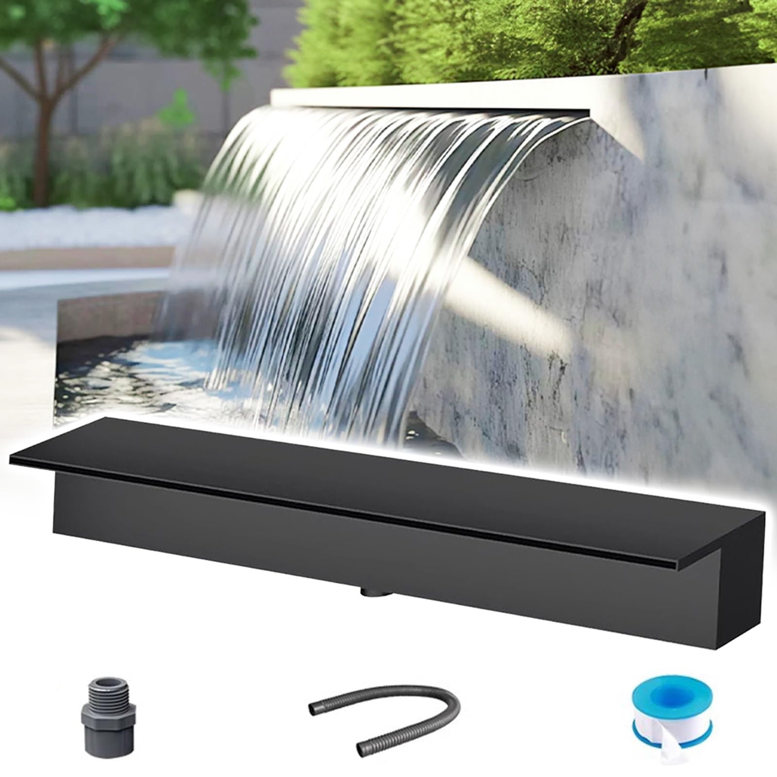 Bec de Cascade Personnalisable de 50 Pouces en Acier Inoxydable avec Accessoires pour aménagements Aquatiques intérieurs et extérieurs - Finition Noire Durable, idéal pour Les Jardins et Les