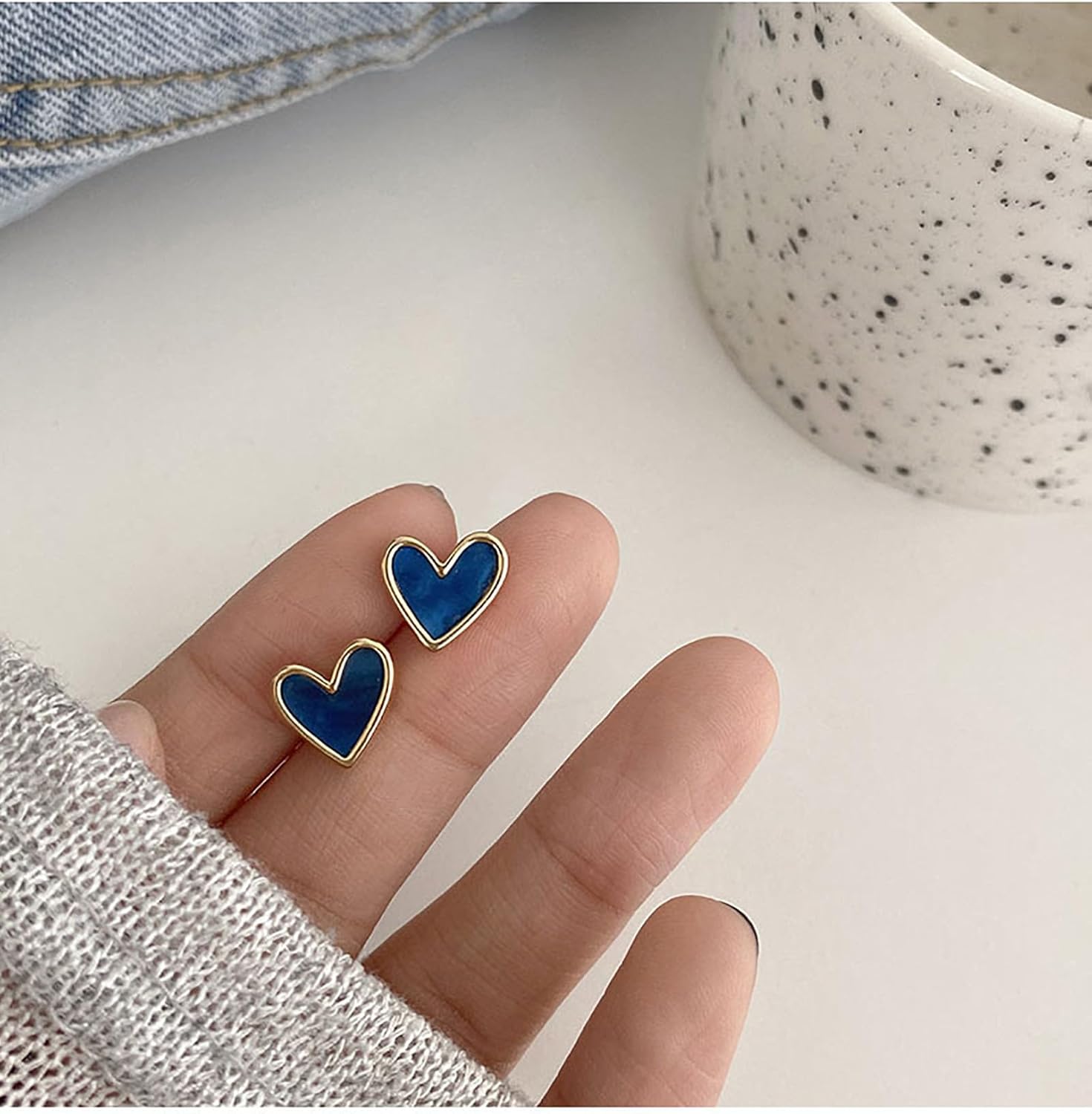 Mini blue heart earrings - Small white gold heart studs for women, delicate hypoallergenic jewelry - Image 2