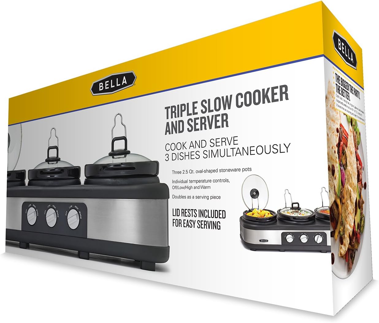 BELLA Triple Slow Cooker and Buffet Server, 3 x1.5 QT Manual Stainless Steel