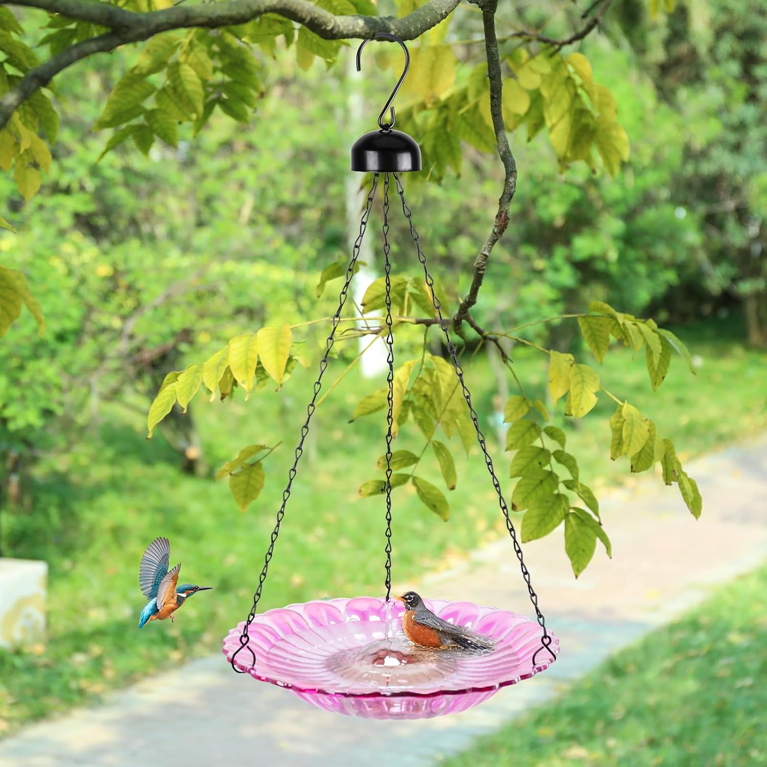 MUMTOP Hanging Bird Bath-Bird Baths for Outdoors - 12 Inch Glass Bird Water Bowl Bird Feeders for Outside, Garden, Lawn Yard Decor（Pink）