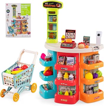 HONEY JOY Kids Grocery Store Playset, 76 PCS Plastic Supermarket Play Store Stand with Shopping Cart & Basket, Cash Register, Scanner with Light & Sound, Play Food, Grocery Store Pretend Play Blue
