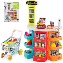 HONEY JOY Kids Grocery Store Playset, 76 PCS Plastic Supermarket Play Store Stand with Shopping Cart & Basket, Cash Register, Scanner with Light & Sound, Play Food, Grocery Store Pretend Play Blue
