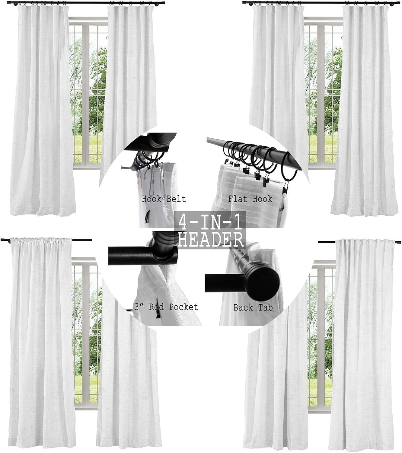 TWOPAGES Beige White Solid Natural Linen Textured Curtain for Living Room, 4 in 1 Header 84 W x 84 L Light Filtering Window Curtain with Rod Pocket, 1 Panel