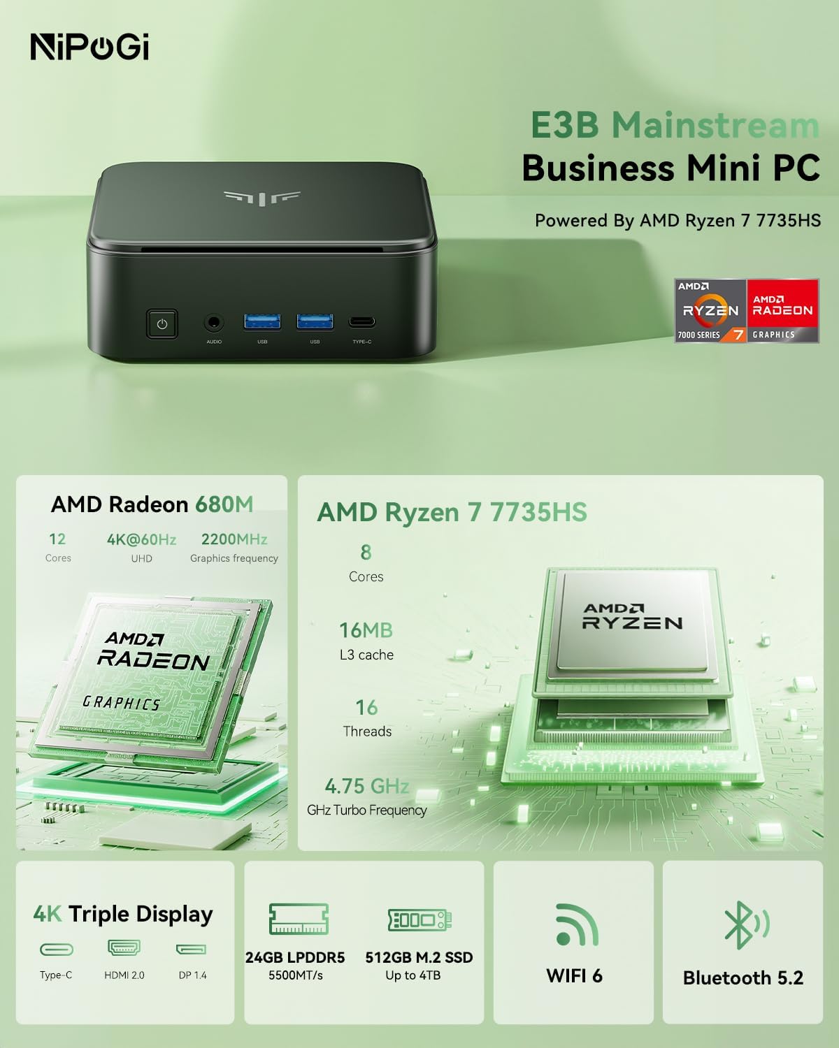 NiPoGi E3B Mini PC АMD Ryzen 7 7735HS W-11 Pro(8C/16T, hasta 4,75 GHz),24GB LPDDR5 5500MT/s 512GB M.2 NVMe SSD Mini Ordenador,4K Triple Pantalla DP+HDMI+Type-C,WiFi 6/BT5.2/LAN para Negocio/Oficina 3