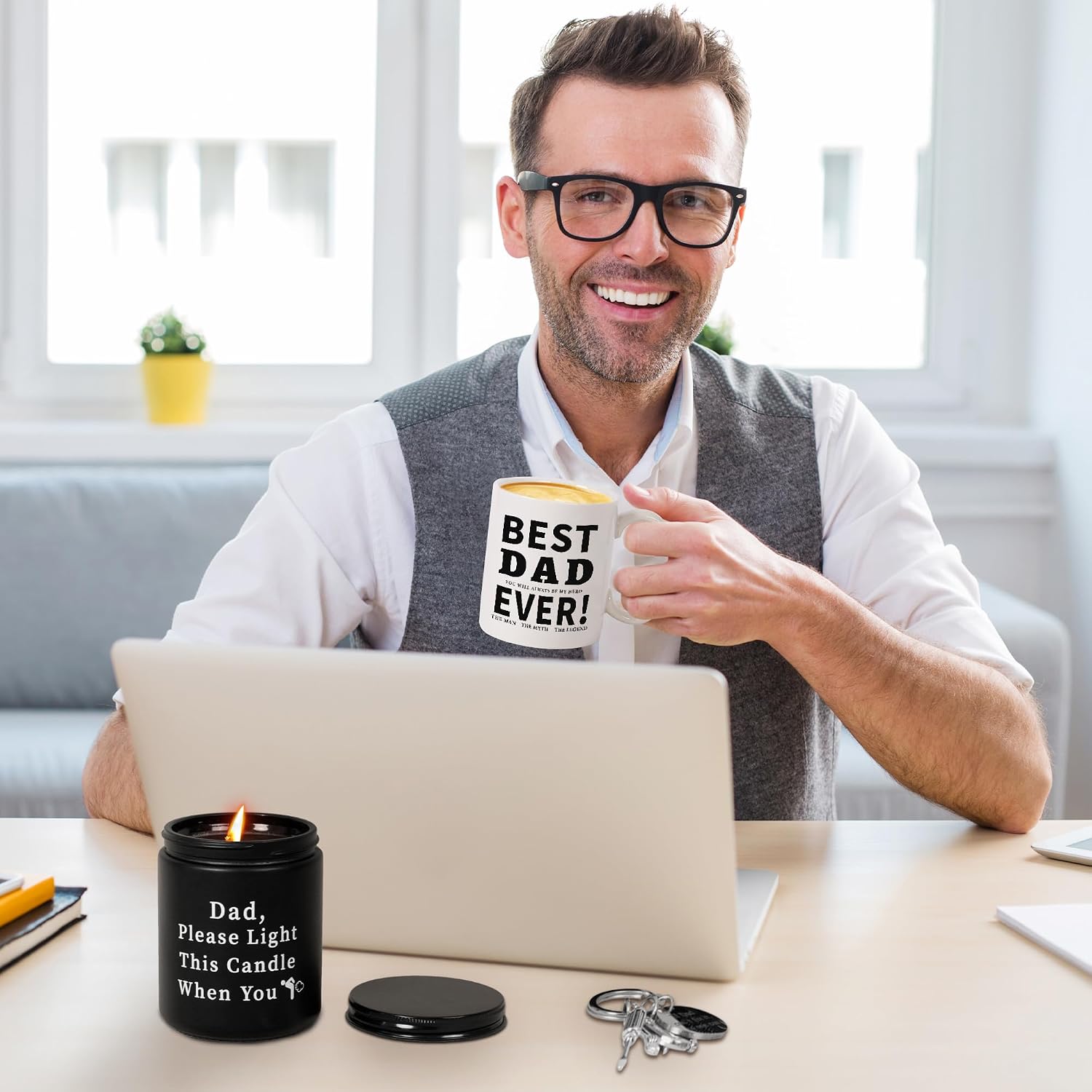 OurHonor Gifts for Dad, Mug for Father, Candle for Daddy, Best Dad Ever Coffee Mug with Keychain, Fathers Day Gift for Birthday Christmas Gifts from Daughter Son