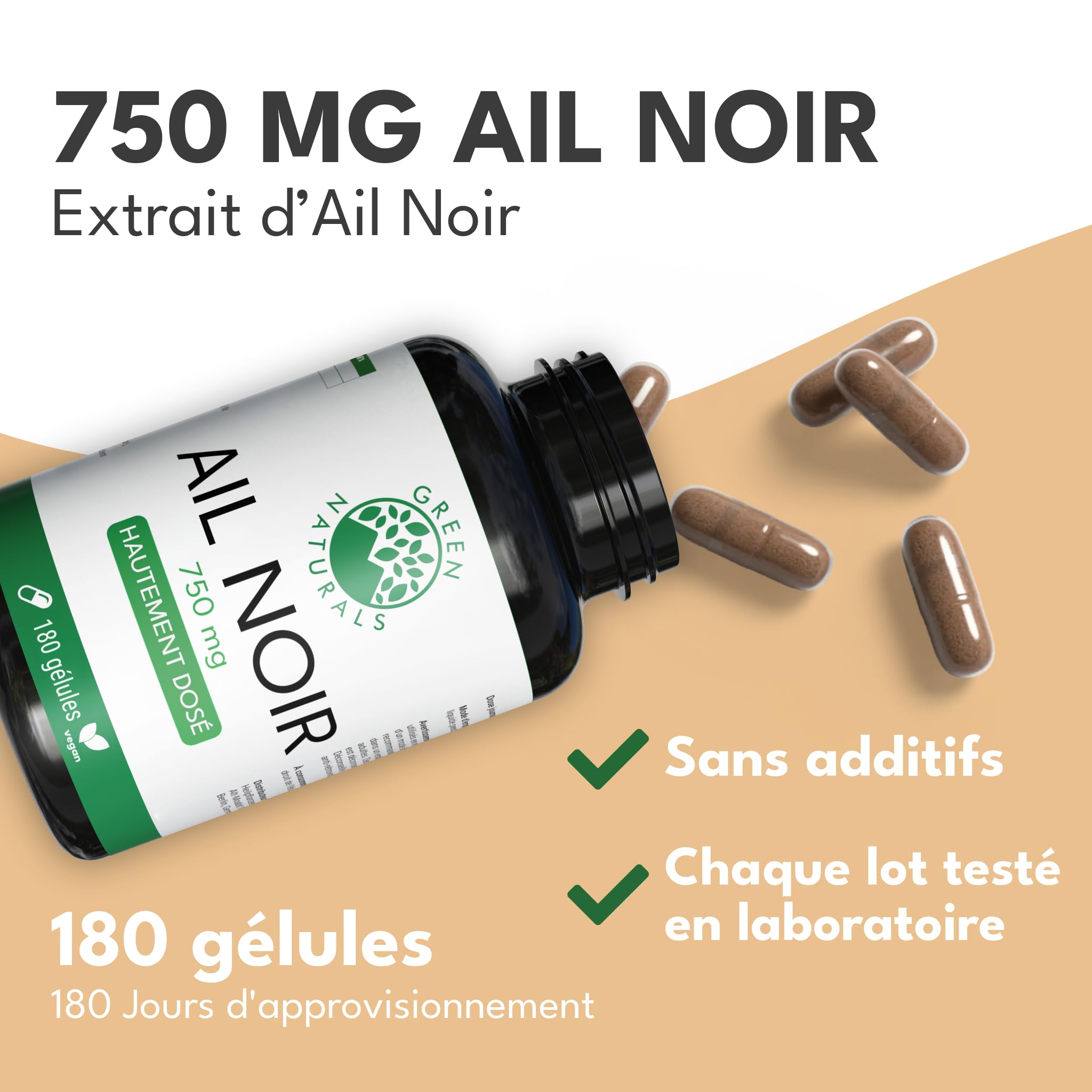 Green Naturals Ail noir fermenté 750 mg – Extrait 15:1 – 180 gélules | Équivaut à 11 250 mg d'ail frais · 0,75 mg de SAC par gélule · Peu odorant