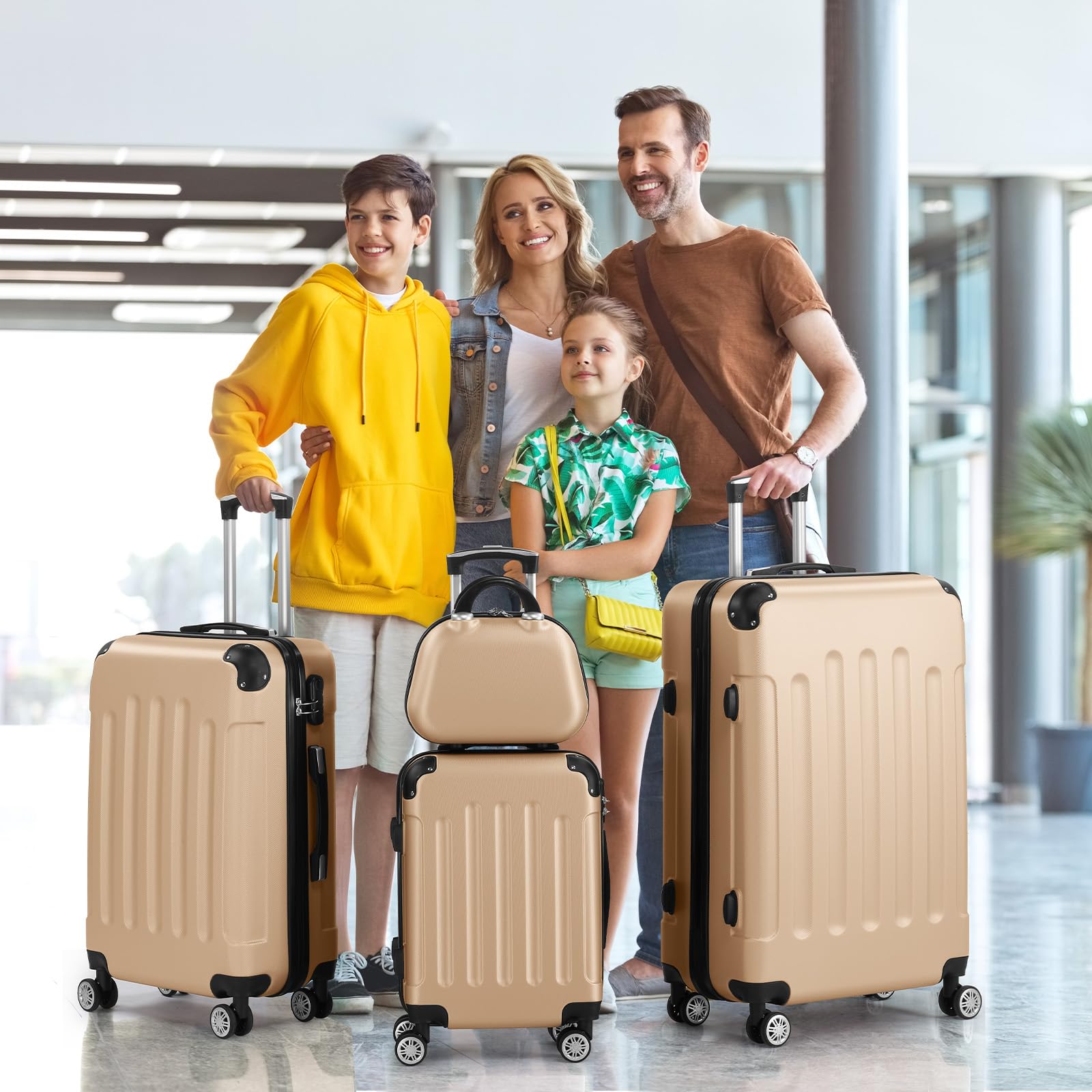 Bonnlo Set de 4 Valises avec Vanity Case，Valises de Voyage, Set Valise ABS avec Les Coins Renforcé et roulettes Pivotantes 360°, Champagne
