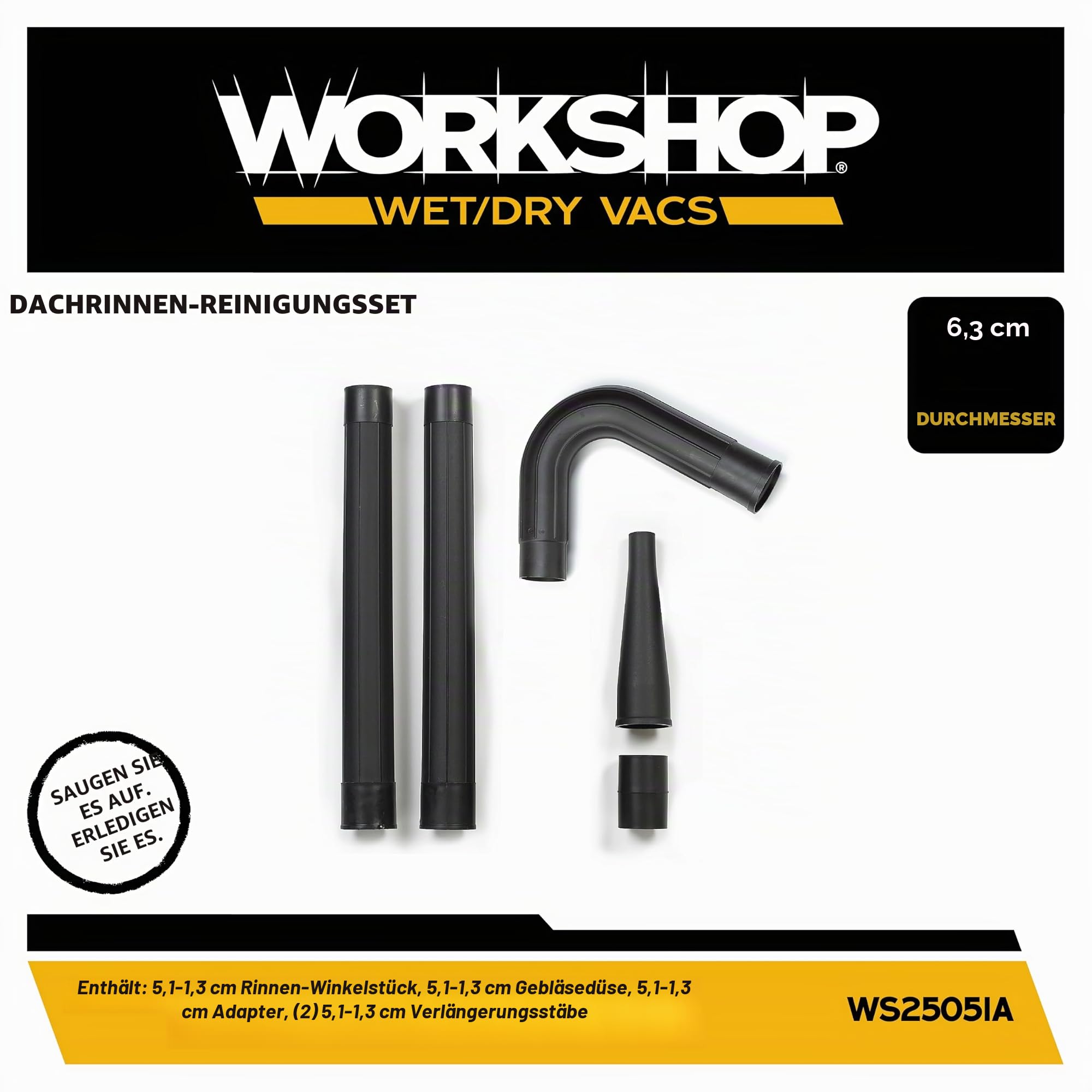 WORKSHOP Wet/Dry Vacs Staubsauger-Dachrinnen-Reinigungsset WS25051A 2-1/2 Zoll Nass-/Trockenladen Vakuumzubehör für die Dachrinnenreinigung | Sammelt oder bläst Schmutz aus Dachrinnen, für Werkstatt-Staubsauger, passend für 5,1 cm Verlängerungsstäbe und S