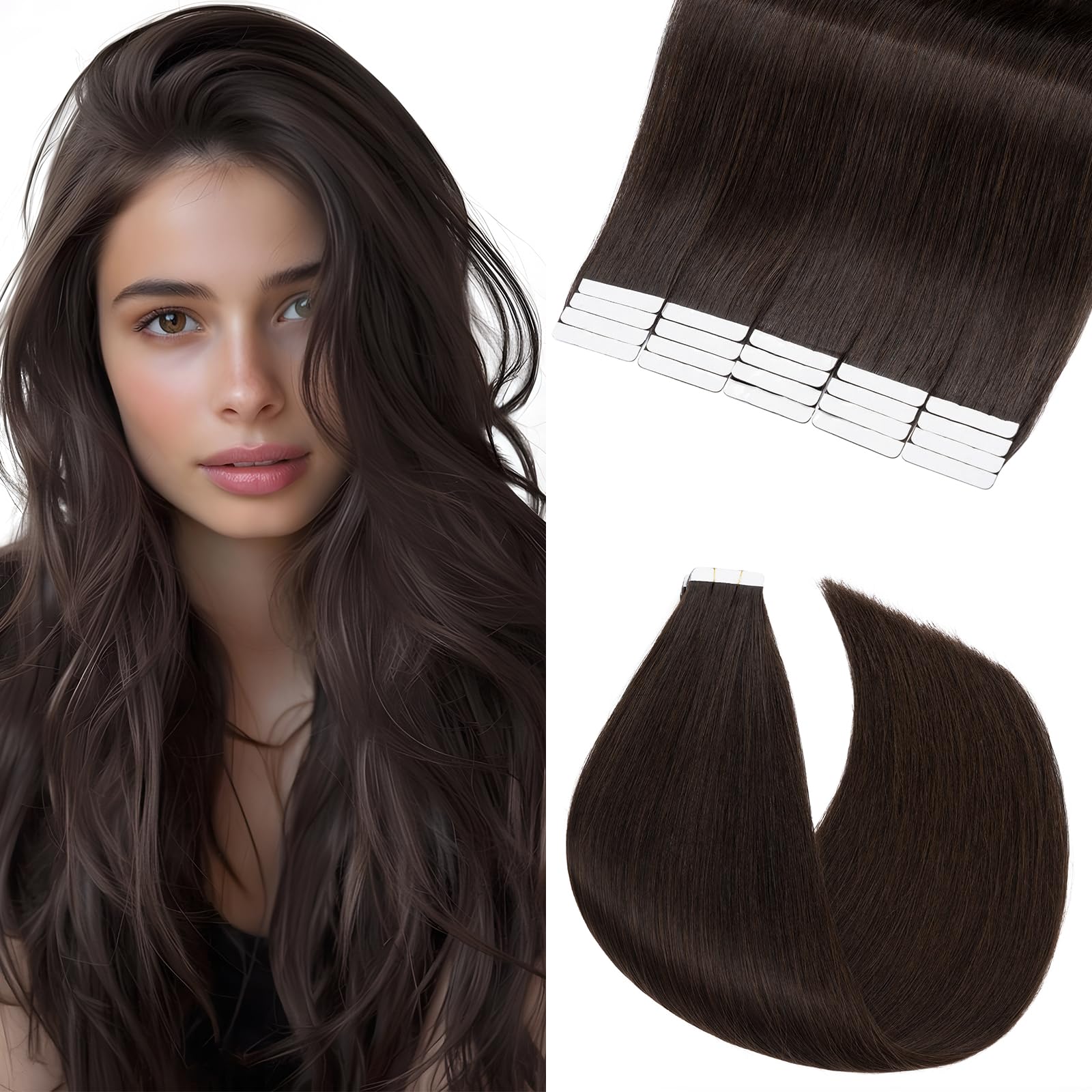 Elailite Tape in Hair Extensions Human Hair 50g/pack Invisible Straight Seamless Skin Weft Remy Hair Extensions Tape in Human Hair (#2 Dark Brown