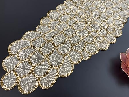 Enliven Handmade Bead Table Runner, Floral Beaded Runner, Silver and Gold, 13x36inch