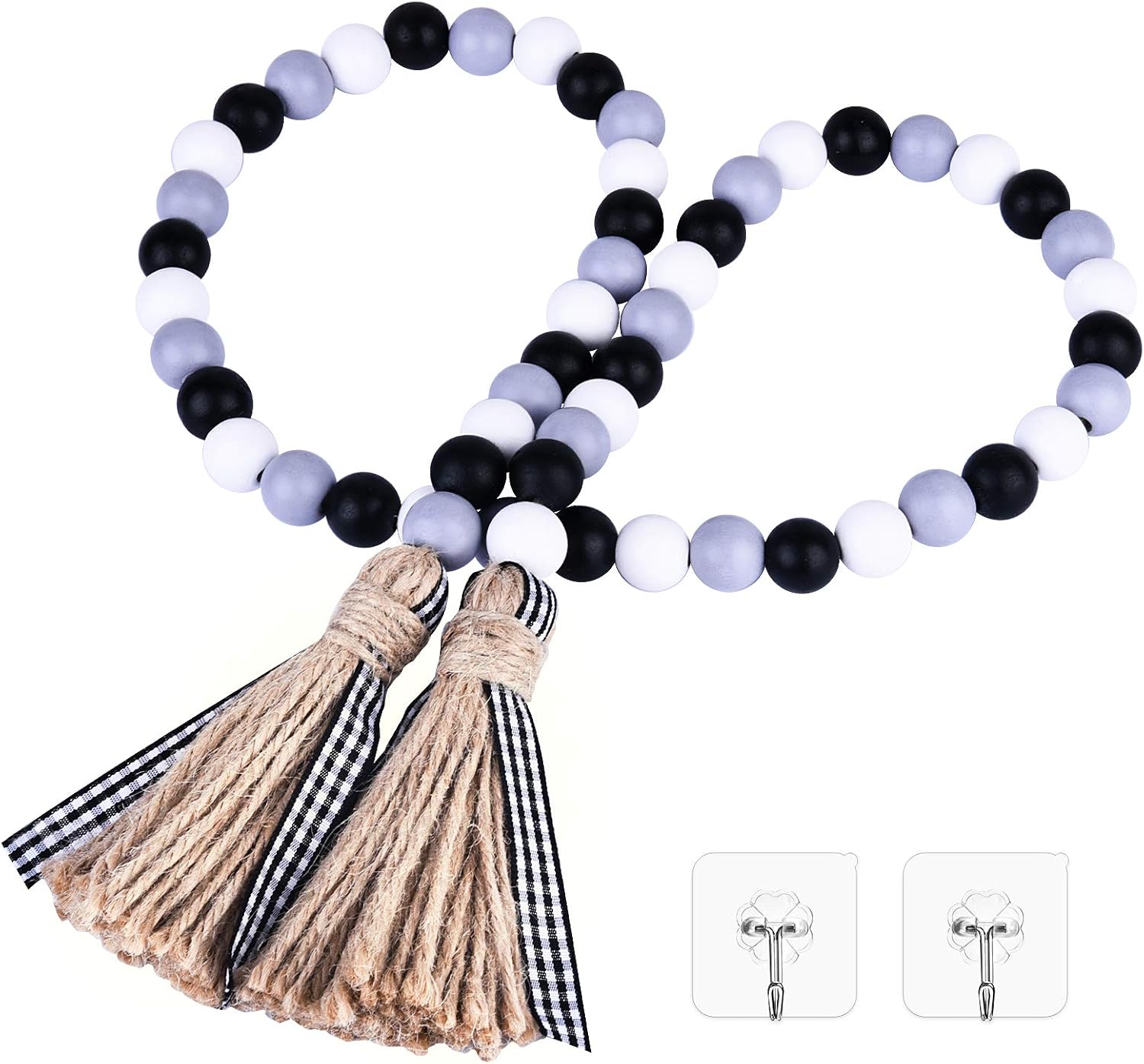 YEHUONU Wood Bead Garland Set with Tassels, Prayer Beads Farmhouse Beads Wall Hanging Decoration with 2 Pcs Transparent Adhesive Hooks (Black/White/Gray)