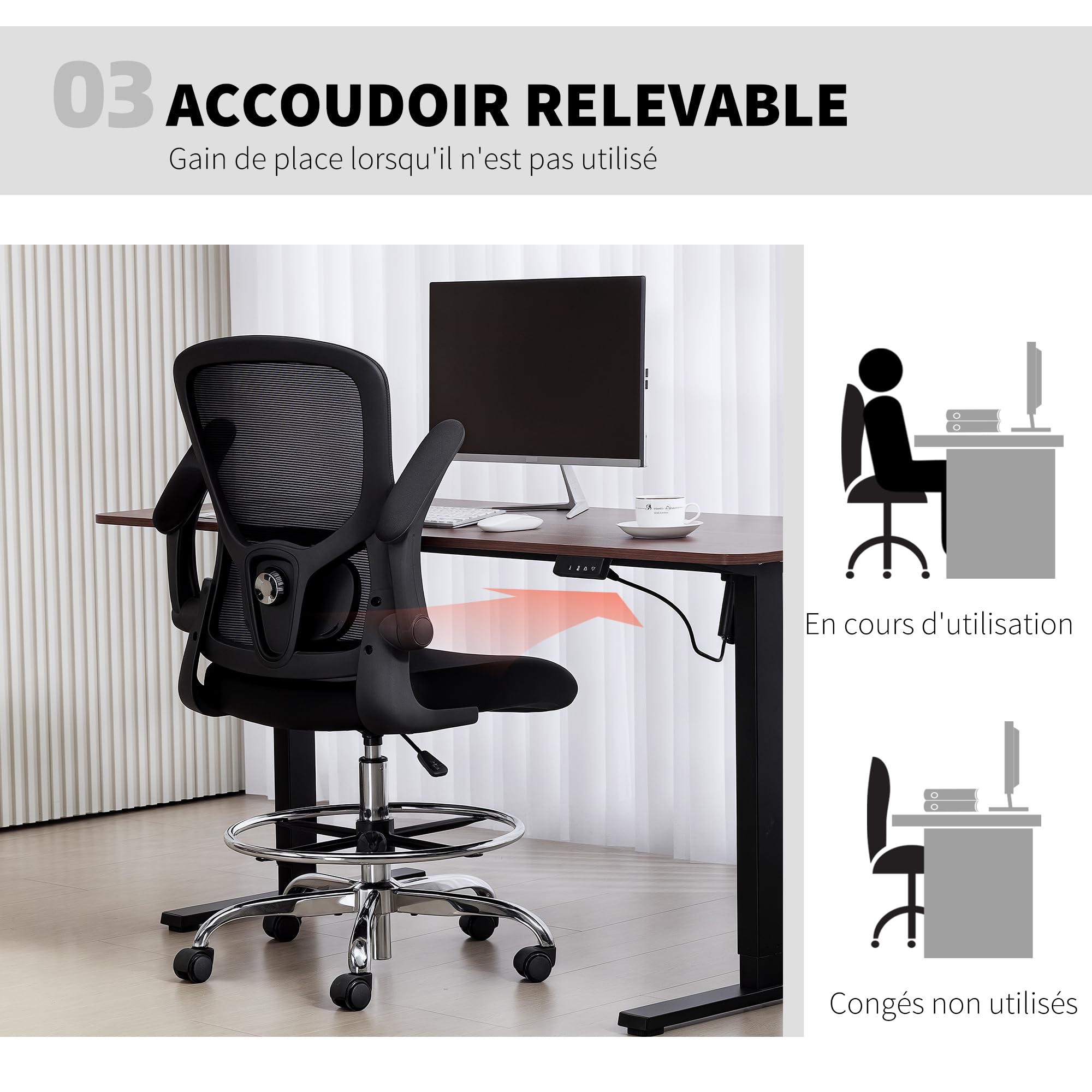 HOMCOM Chaise Bureau Ergonomique Support Lombaire 4D Haute Réglable Noir