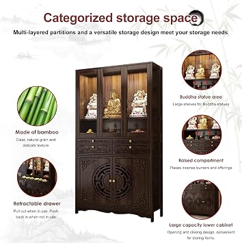 Altar Table With Multi-layer Storage, Intricate Shrine Altar Cabinet Pedestal Offering, Bamboo Meditation Table With Pull-out Shelf For Home Worship, Pooja Mandir Temple