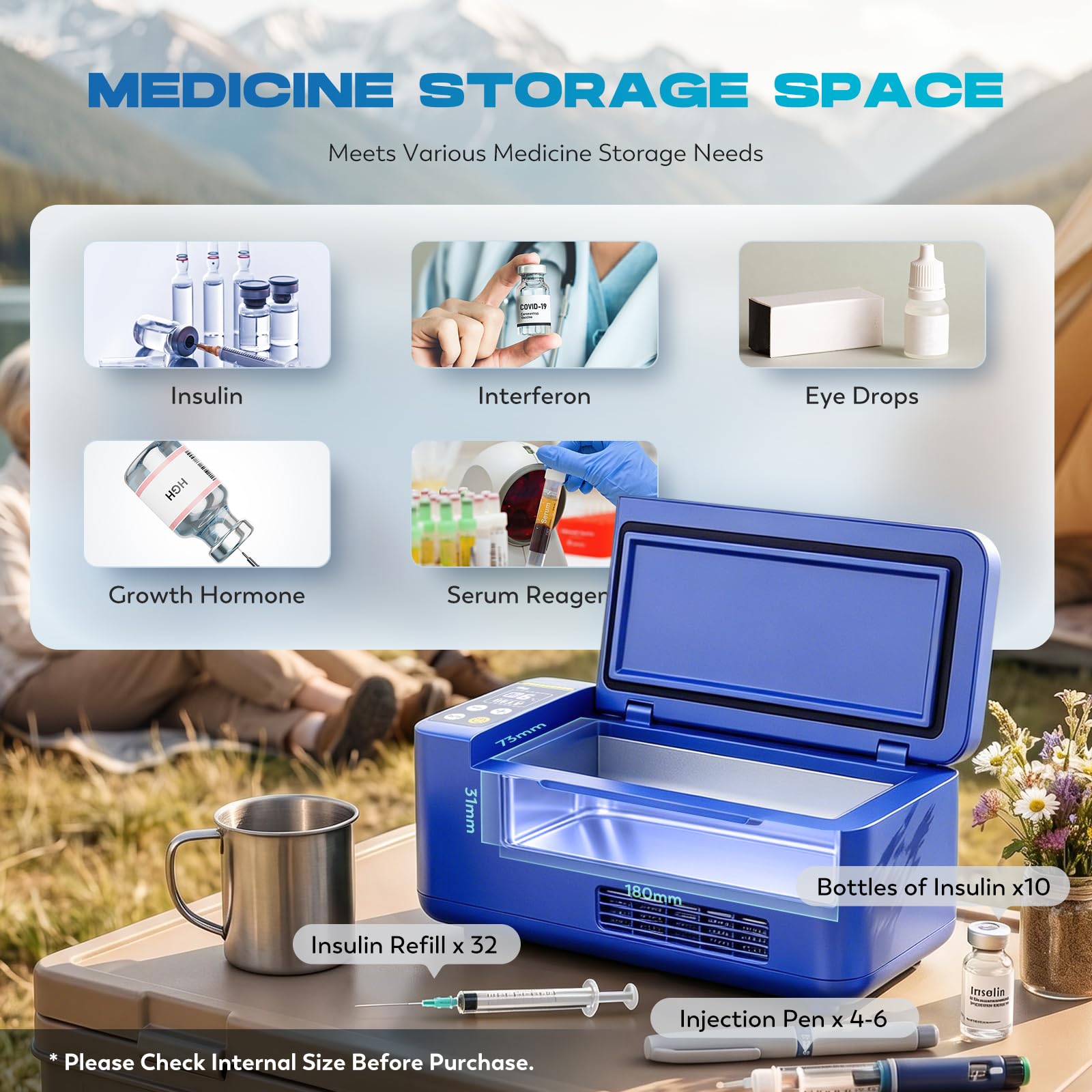 CGOLDENWALL Nevera Portátil para Insulina con 1 Batería, 2‑20℃ Ajustable, Modo Auto 5℃ y Bloqueo de Pantalla, Nevera Medicamentos Viaje para Uso Doméstico, en Coche y Aire Libre (Azul)