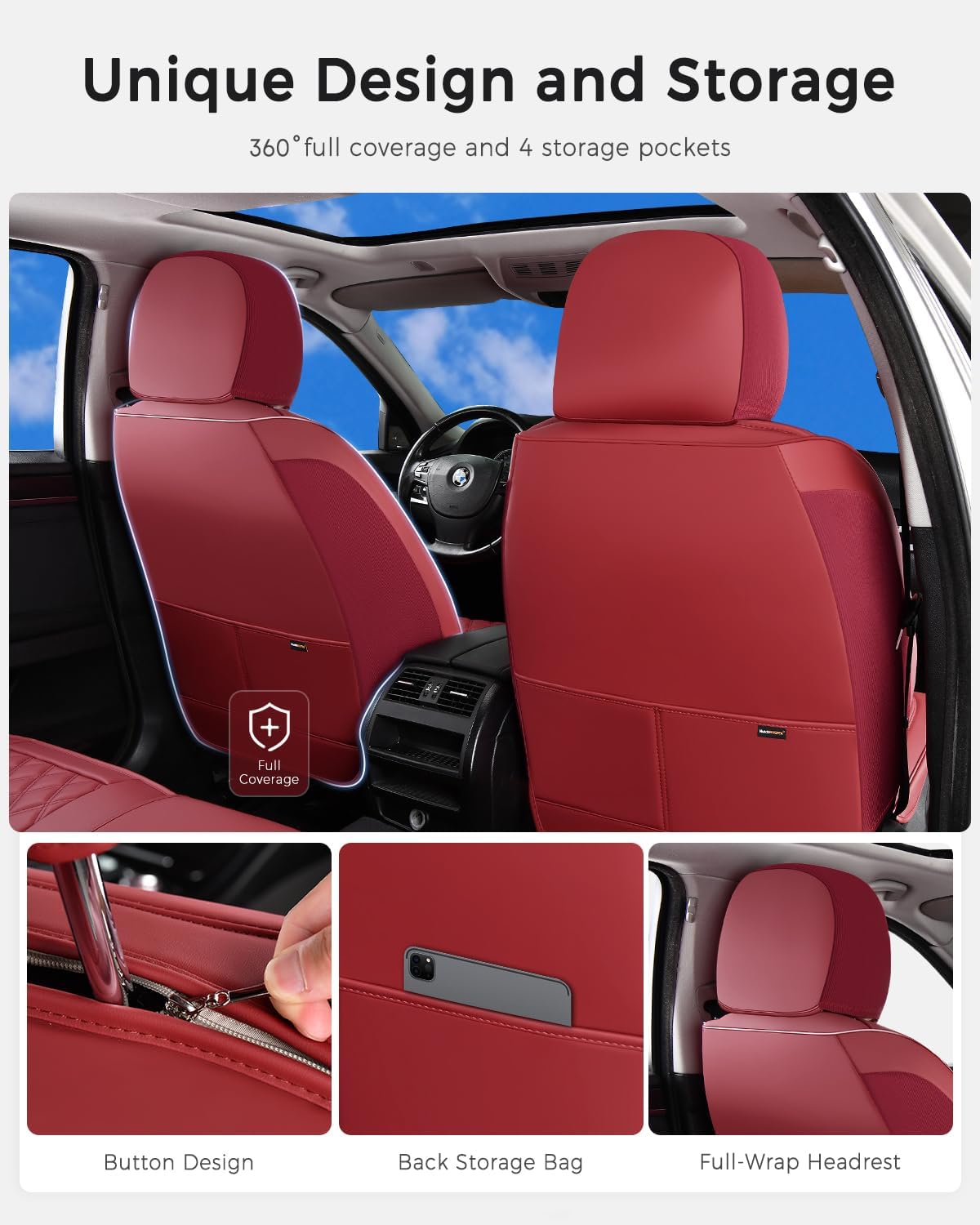 Huidasource Red Seat Covers, Nappa Leather Car Seat Covers, Automotive Seat Covers Velcro Adjustable, Compatible with Airbags, Child Seat, Fit for Most Cars, Vans, Trucks, SUVs (Full Set/Red)