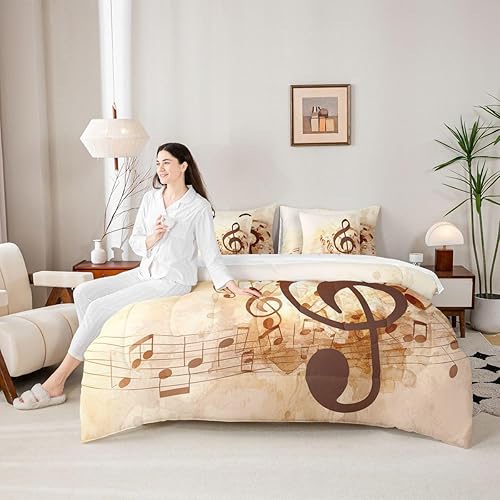 Miniatura 4 de Erosebridal Musical Notes King Size Comforter Set, Retro Rotating Music 7-Piece Bed in A Bag, Grunge Style Sheets and Pillowcases, Brown Tie Dye