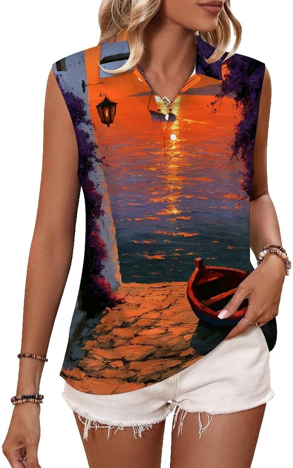 Mediterranean Bougainvillea Sunset Women Sleeveless Collared Golf Polo Shirt