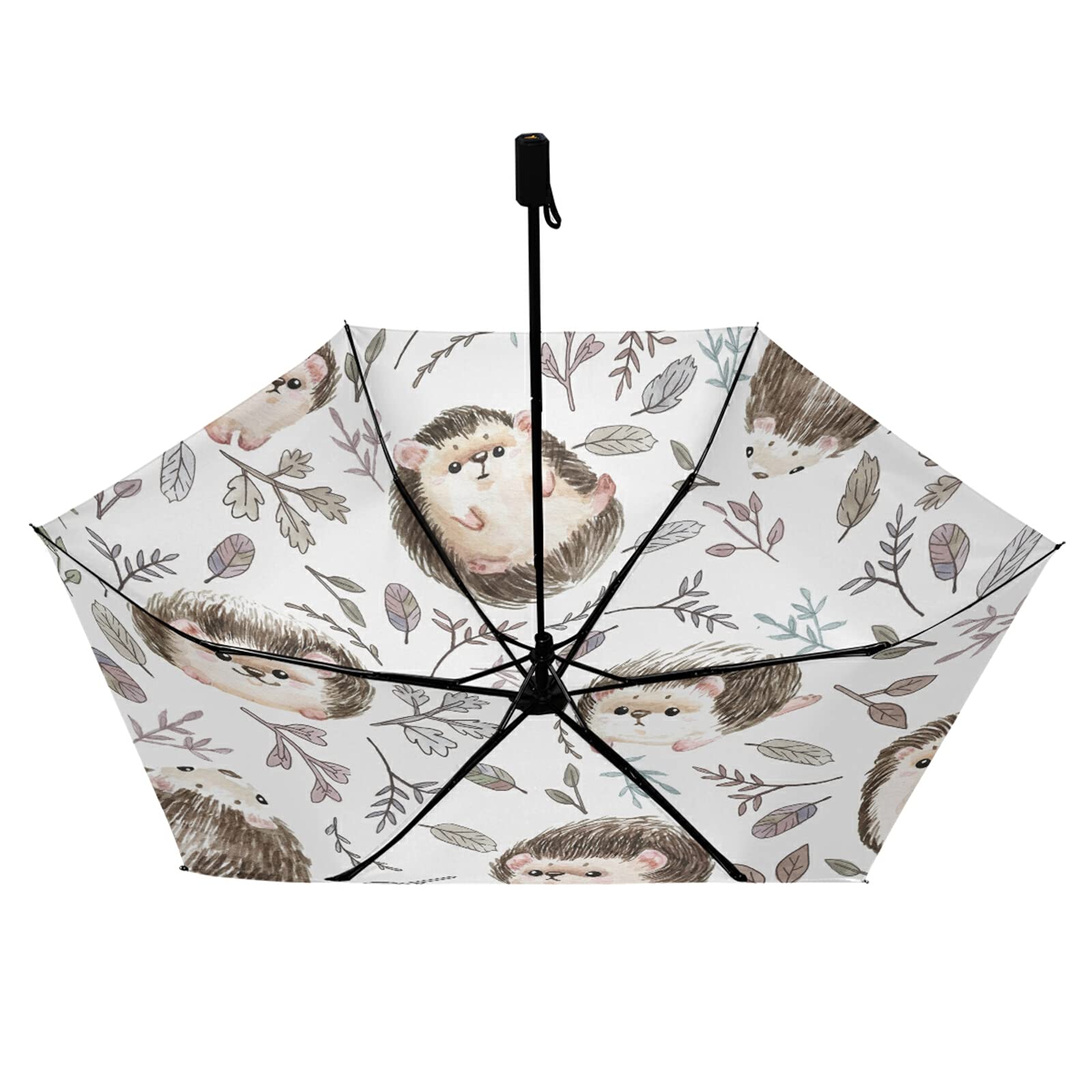 PoeticcitySeamless Cute Brown Hedgehogs Herbs Leaves on White Compact Lightweight Folding Umbrella, Inner Print Sun Parasol with UV Protection, Strong Portable Travel Rain Umbrella