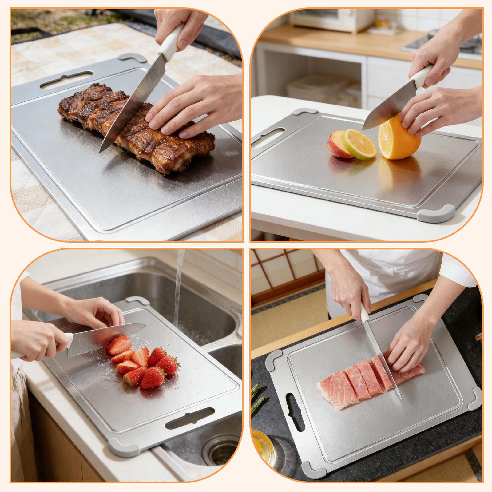 Tabla de Cortar de Acero Inoxidable y PP, Uso Doble Cara y Antibacteriano, 36.5x25cm Antideslizante, Amigable con Cuchillos con Canal de Jugo y Mango, Libre de BPA Apto para Alimentos