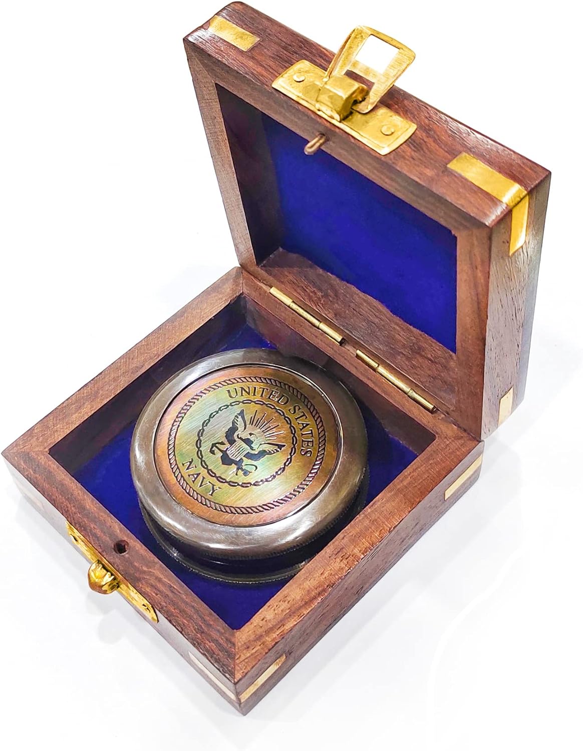 PORTHO US Navy Brass Compass with Wooden Box – Honoring Bravery & Service – Thoughtful Gift for US Navy Veterans, Armed Forces, Navy Day, Veterans Day – Hiking, Camping, Keepsake Display