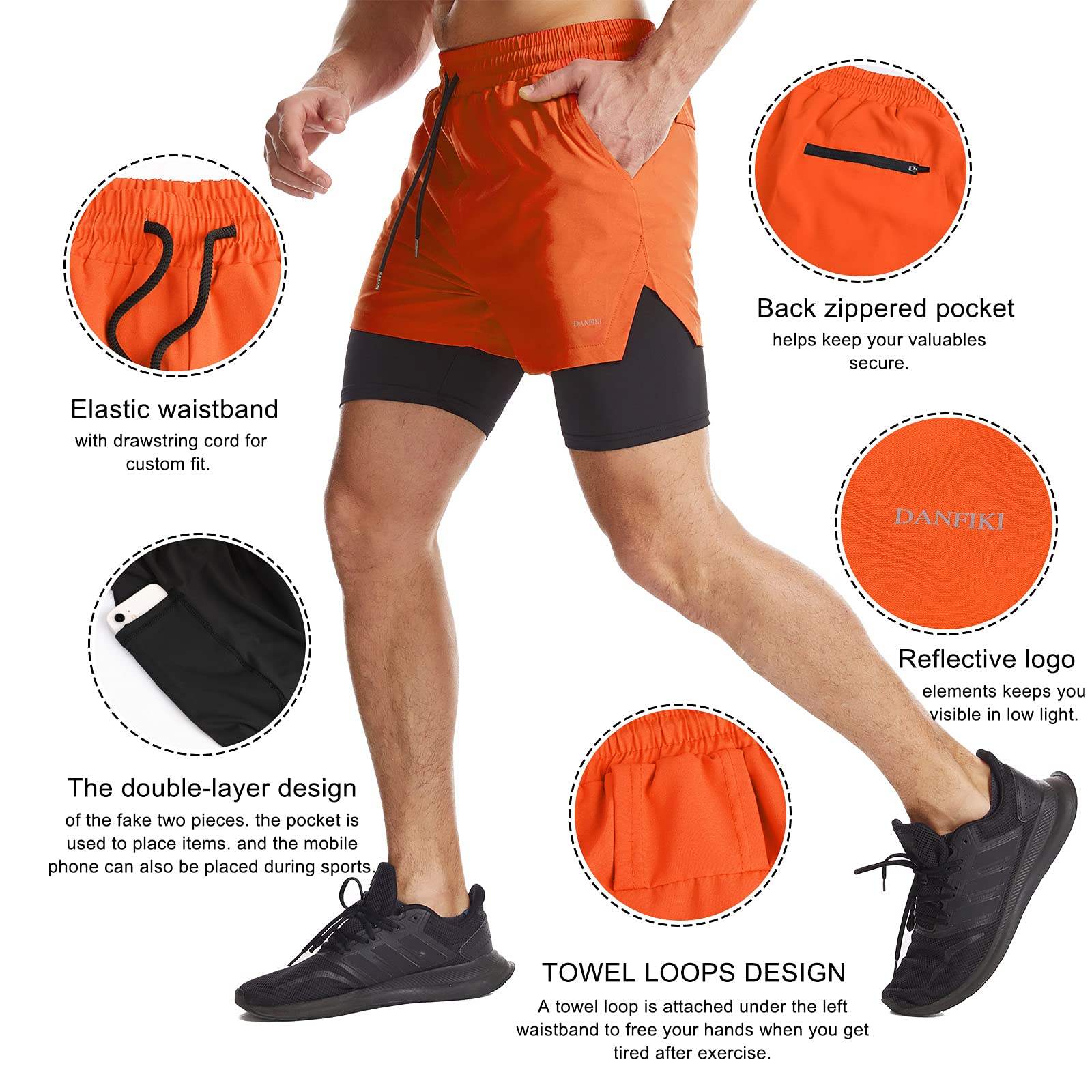 Danfiki Pantaloncini Sportivi da Uomo Running Shorts Asciugatura Rapida con Tasca per Jogging Tennis Fitness Allenamento 2 in 1