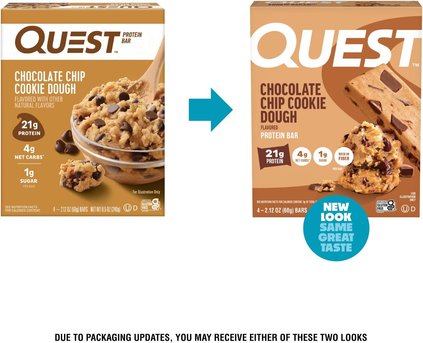 Quest Nutrition Chocolate Chip Cookie Dough - High Protein, Low Carb, Gluten Free, Keto Friendly, 2.12 Oz, 20 Count (4 Packs of 5)