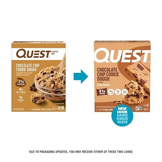 Quest Nutrition Chocolate Chip Cookie Dough - High Protein, Low Carb, Gluten Free, Keto Friendly, 2.12 Oz, 20 Count (4 Packs of 5)