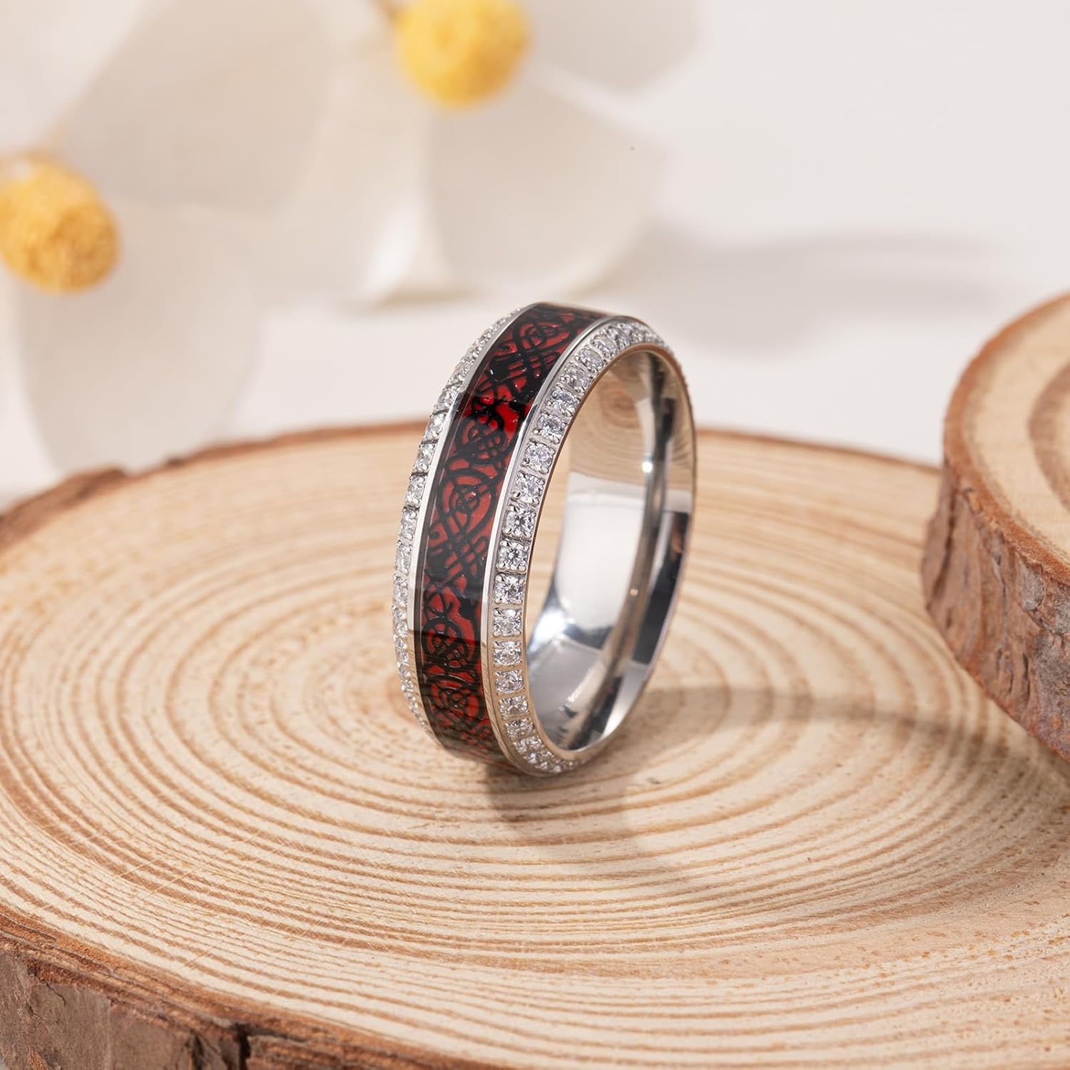 TUNGSTORY Mens Wedding Band with Celtic Dragon 8mm, Lightweight Titanium Ring with Red Carbon Fiber and White CZ, Dome Style, Comfort Fit Inner, Customizable, Gift for Birthday Anniversary, Size 7-12