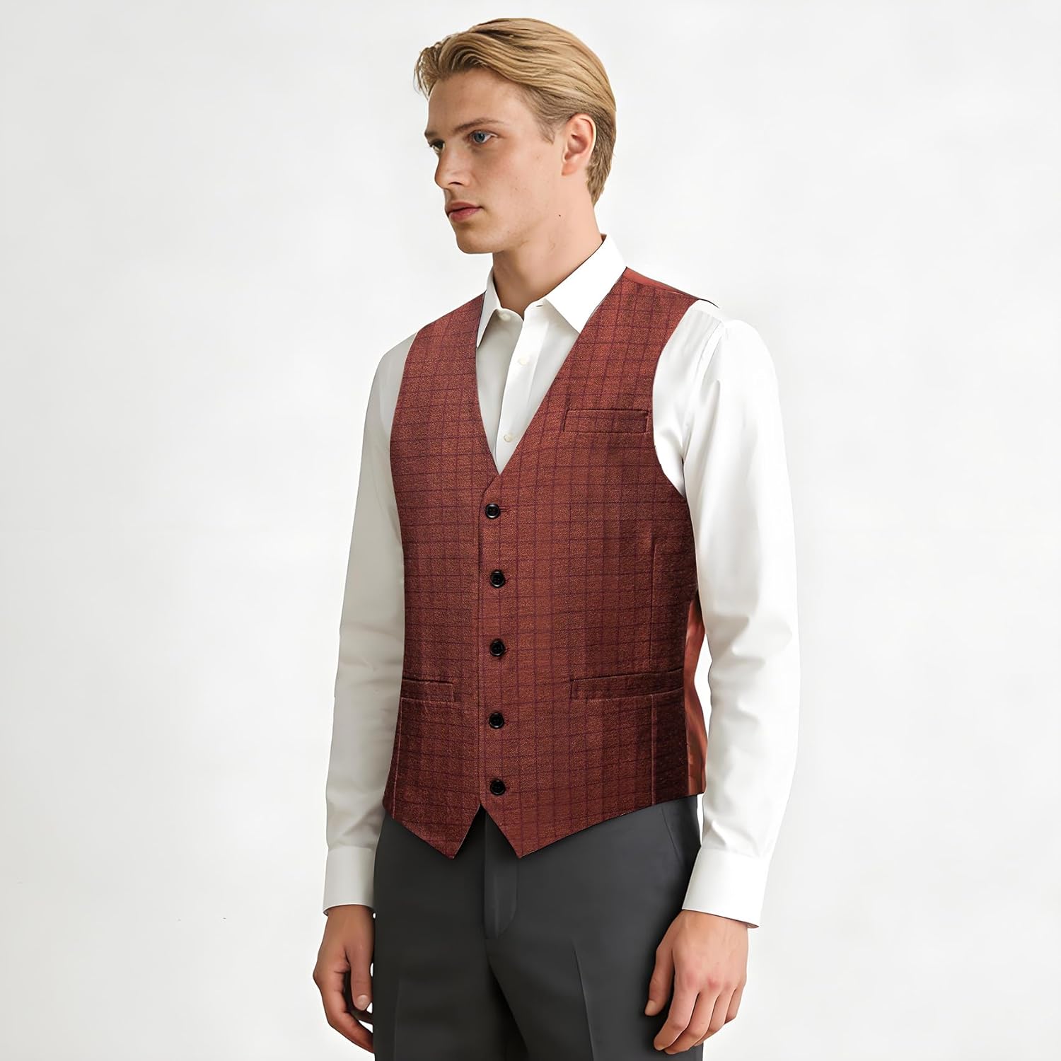 Barry.Wang Men's Plaid Suit Vest Tie Set 4PC Business Slim Fit Waistcoat for Wedding Party