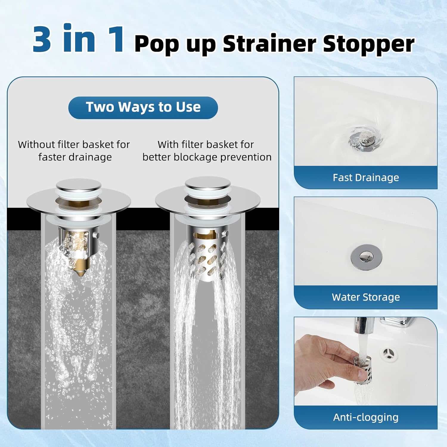 iFealClear 3 Pack All Metal Bathroom Sink Stopper, Pop Up Sink Drain Strainer with Removable Stainless Steel Filter Basket, Universal for 1.1"-2.36" Sink, Brass Bounce Core, Hair Catcher, Chrome