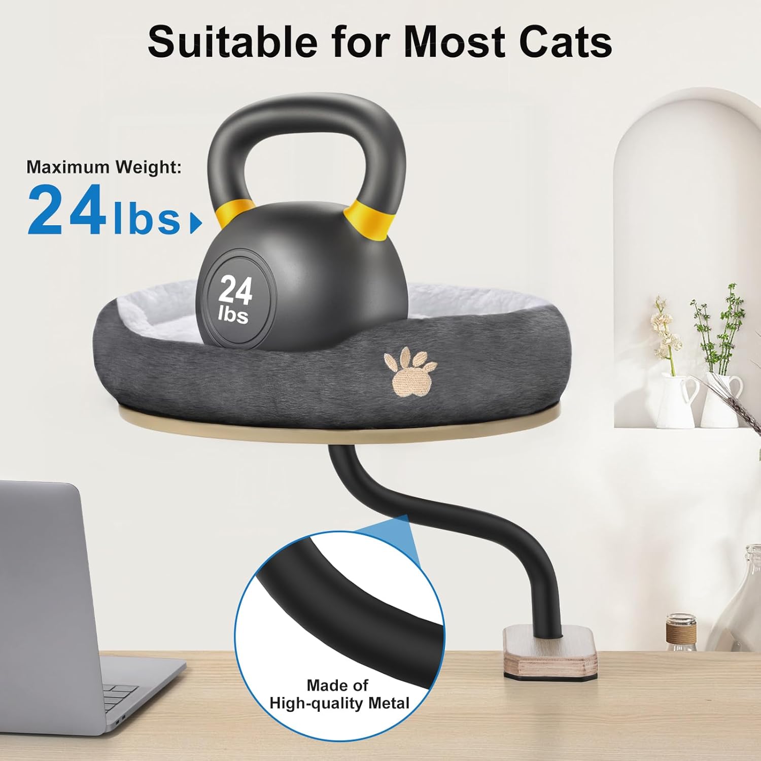 Halloween Decorations Cat Desk Bed Mounted Cat Hammock for Desk with Comfortable Removable Pet Bed 360° Rotation for Cats and Kittens up to 24 lbs Nartural Color Wood with Gray Bed for Home Office