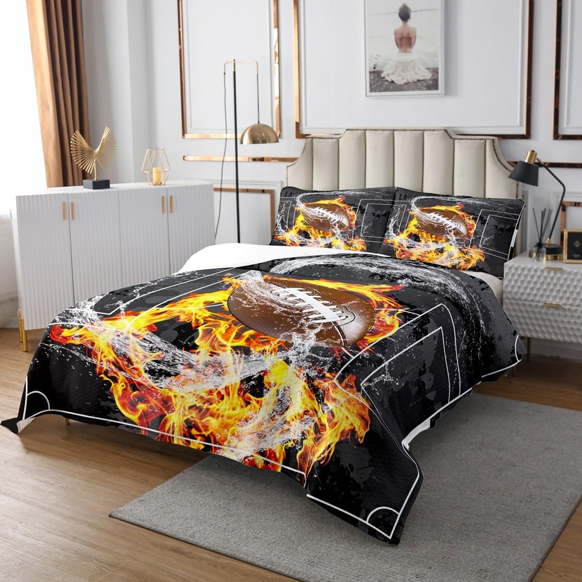 Erosebridal Boys Football Bedspread Sets King Size,Water Fire American Football Bedspread Set for Boys Men,Rugby Field Bedding Set,Sports Game Teamwork Coverlet Set with 2 Pillow Cases