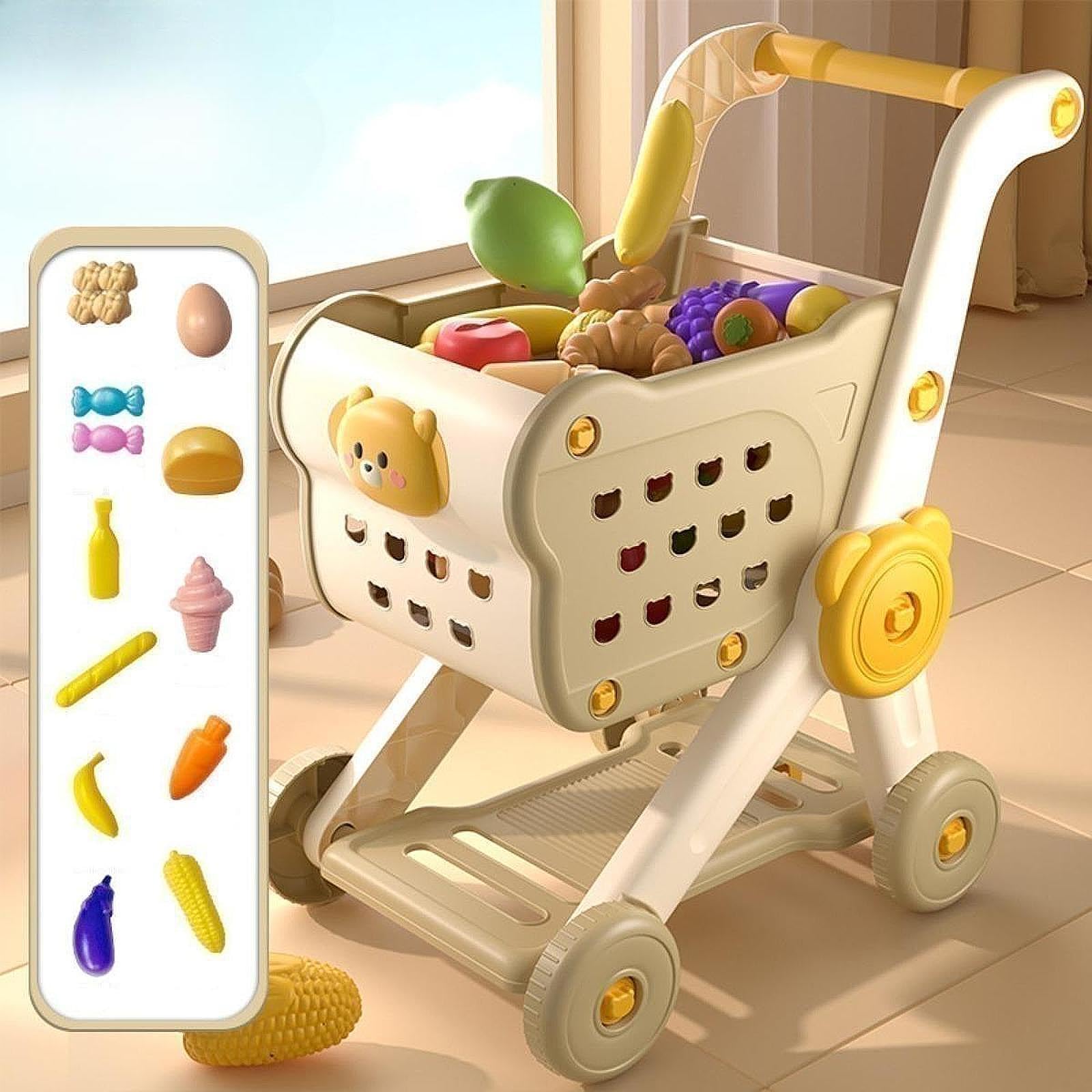 Carrello Supermercato Bambini Set Giocattolo Carrello Spesa Accessori Cucina Portaoggetti Ampio Facile da Usare Adatto per Gioco Simulato Regalo, Beige