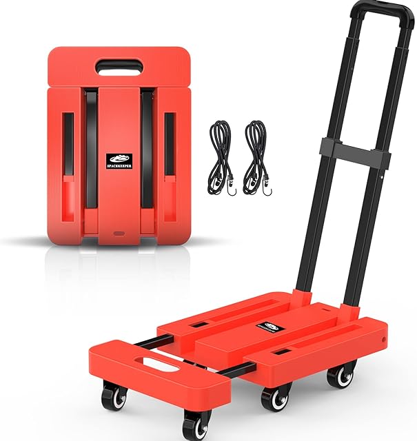 SPACEKEEPER Folding Hand Truck, 227KGS Heavy Duty Platform Truck Utility Cart with 6 Wheels & 2 Elastic Ropes for Luggage, Travel, Auto, Shopping, Moving and Office, Orange