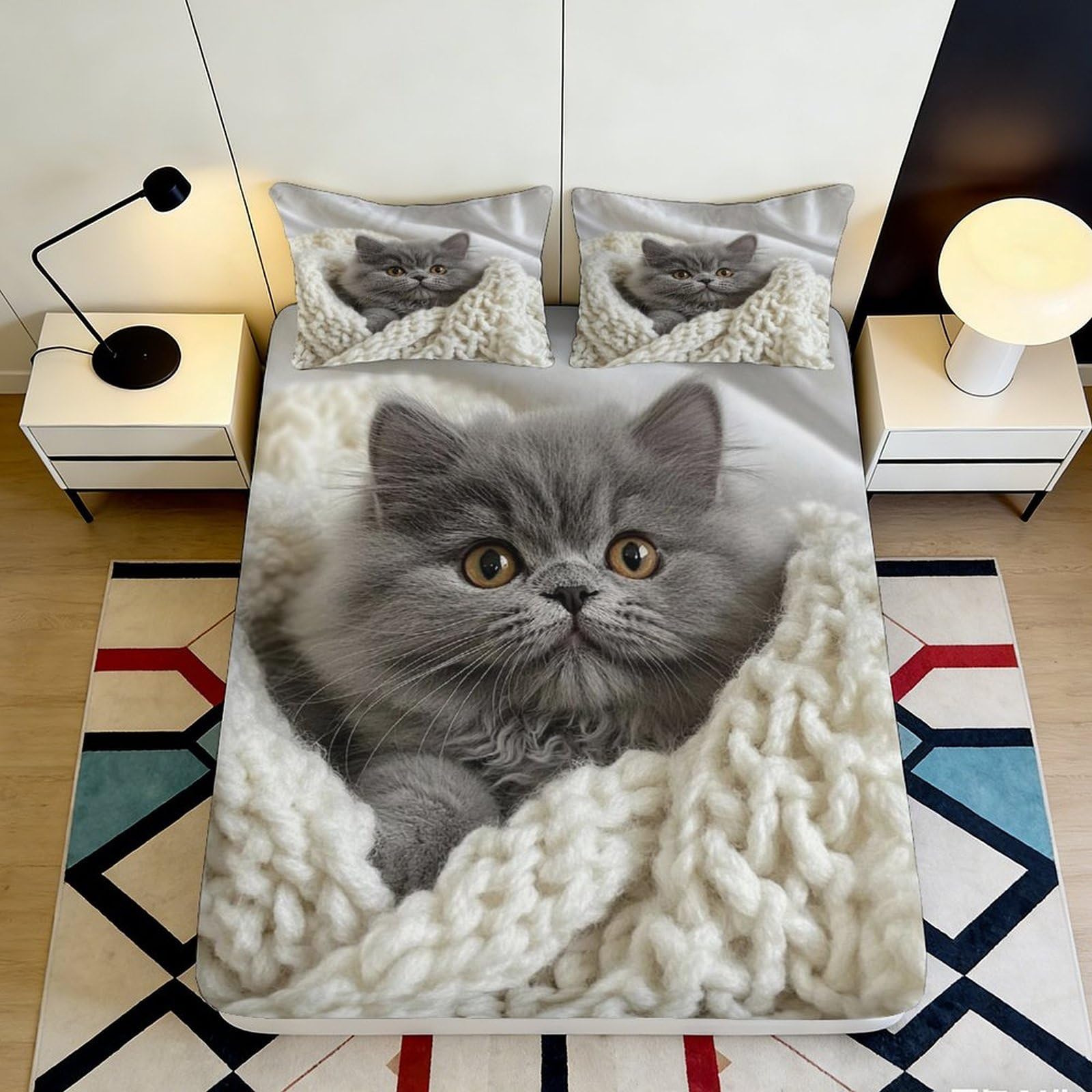 3D Printed Grey Cat Fitted Sheet Microfiber Anti-Slip Cozy Blanket Bed Cover for Bedroom Guest Room Mattress Protection 200x200x25cm