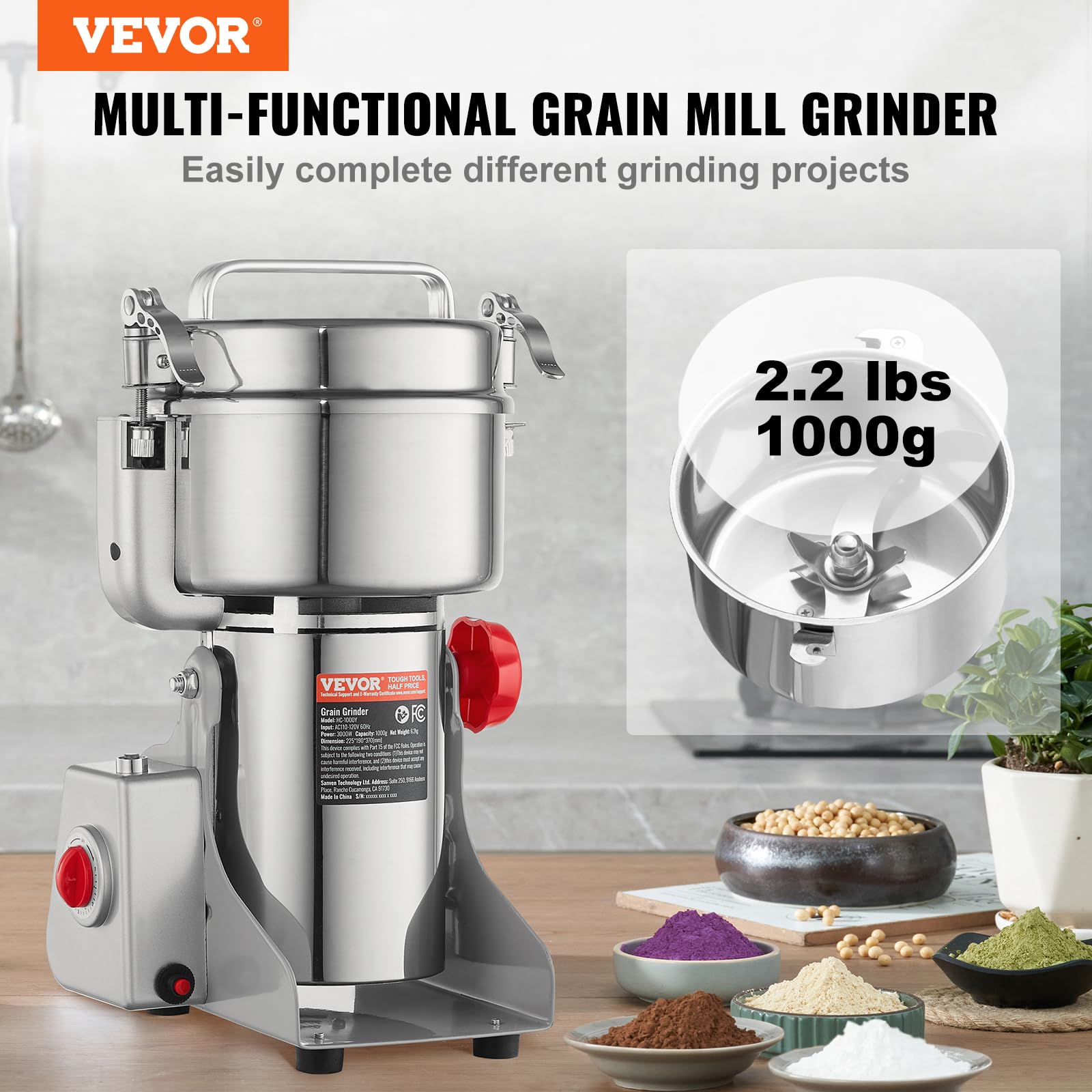 VEVOR 1000g Mulino Elettrico per Cereali, Macina Spezie Commerciale Alta Velocità 3000 W, Macchina Polverizzazione in Acciaio Inox, per Cereali Secchi, Spezie, Caffè, Mais, Pepe, Tipo Oscillante