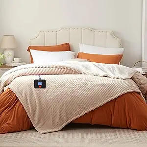 Westinghouse Twin Size Electric Blanket, Flannel to Sherpa Reversible Heated Blanket Twin with 10 Heating Levels & 1-12 Hours Auto Shut Off, Fast Heating & Machine Washable, 62x84 Inch, Beige