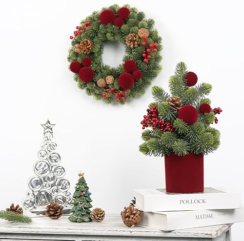 Miniatura 9 de SY Super Bang Árbol de Navidad pequeño, bola de terciopelo burdeos artificial de 12 pulgadas, decoración de Navidad, para decoración de interiores