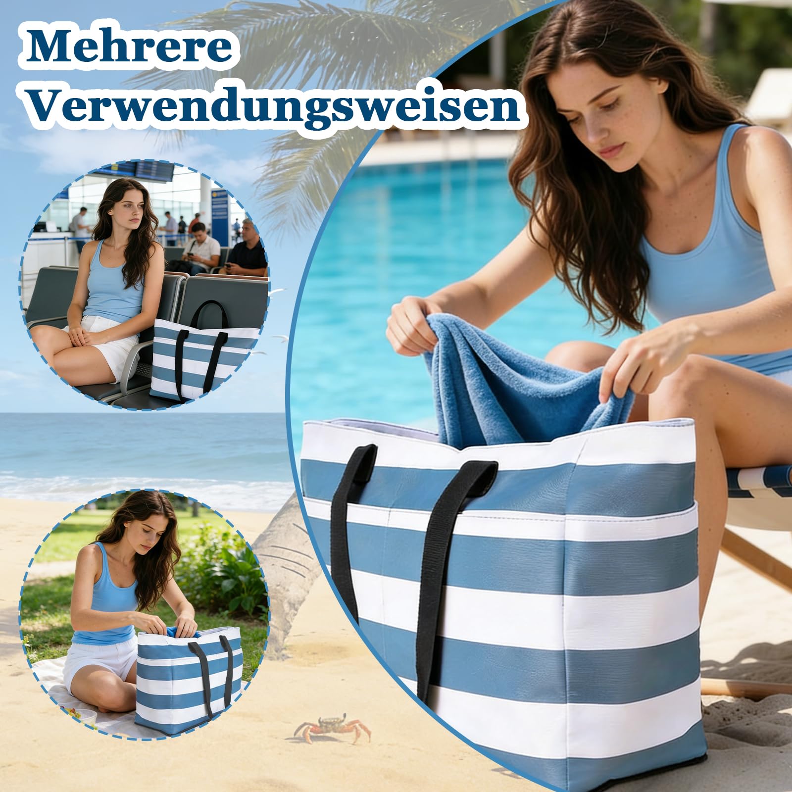 Strandtasche XXL Familie mit Kühltasche, 50 x 29 x 49cm, Große Badetasche Strandtasche, Badetasche mit Nassfach, Faltbare Wasserdicht Beach Bag, für Reisen, Fitness