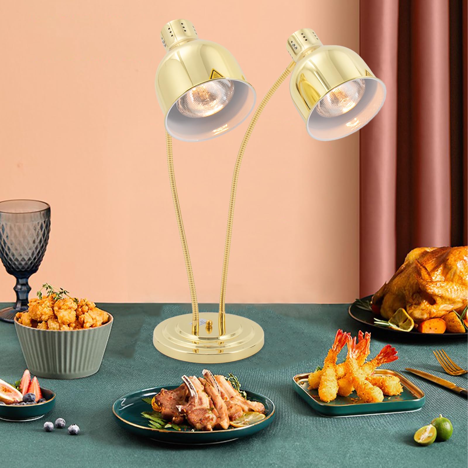 pijopang Food Heat Lamp, 500W Commercial Food Warmer Lamp w/ 360°Adjustable Head & 2 Dual 250w Bulbs, Food Warming Heating Light for Restaurant Kitchen Buffet-Gold