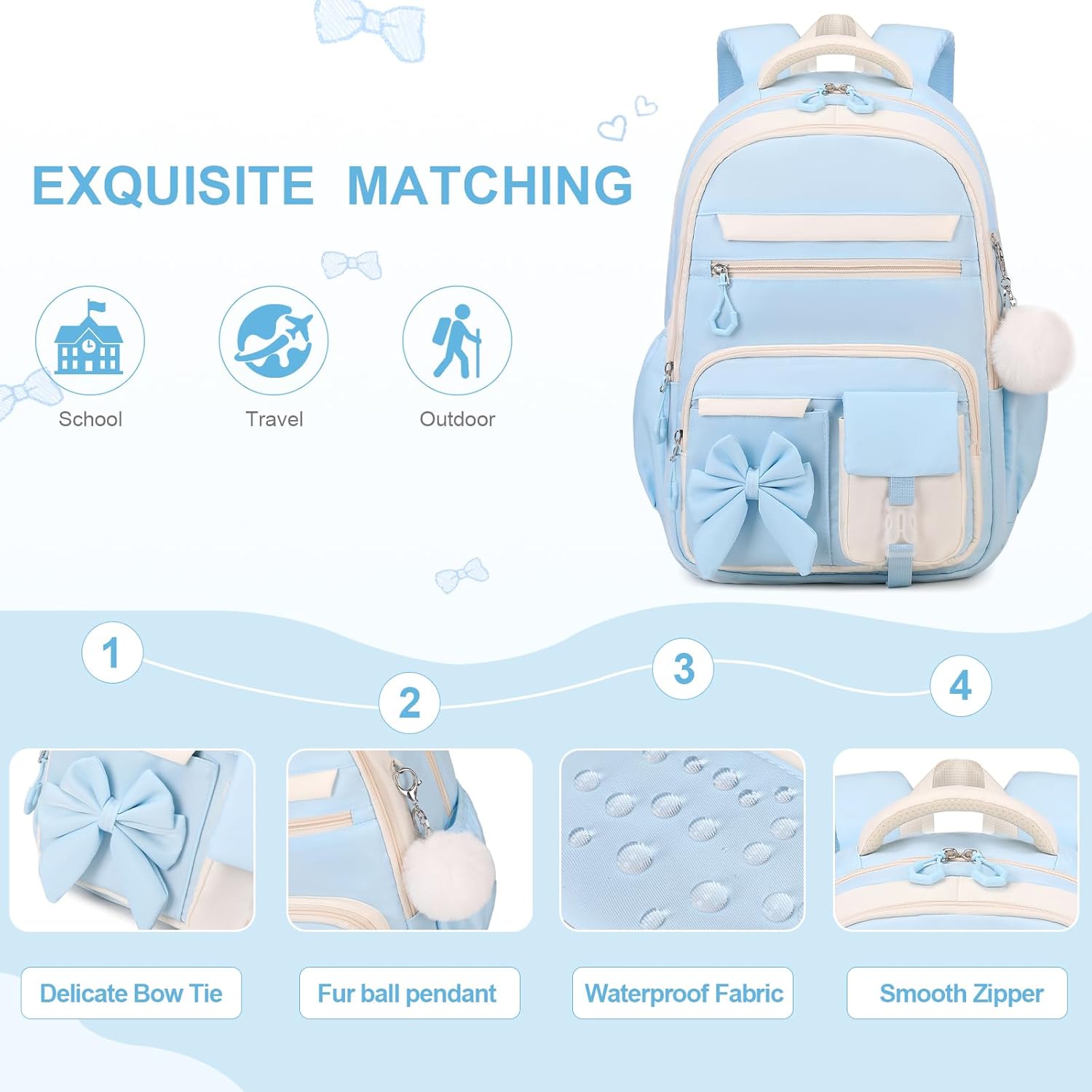 Backpack for Girls, 3PCS Girls Backpack for School with Lunch Bag Pencil Case, Cute Kids Teens Bookbag for Kindergarten Elementary Preschool Middle School (Blue)