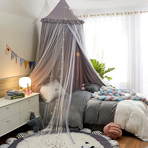 Miniatura 3 de VETHIN Toldo de cama para niños con luces, doble capa de cúpula redonda de princesa para niños, mosquitera de ensueño, habitación de niñas,