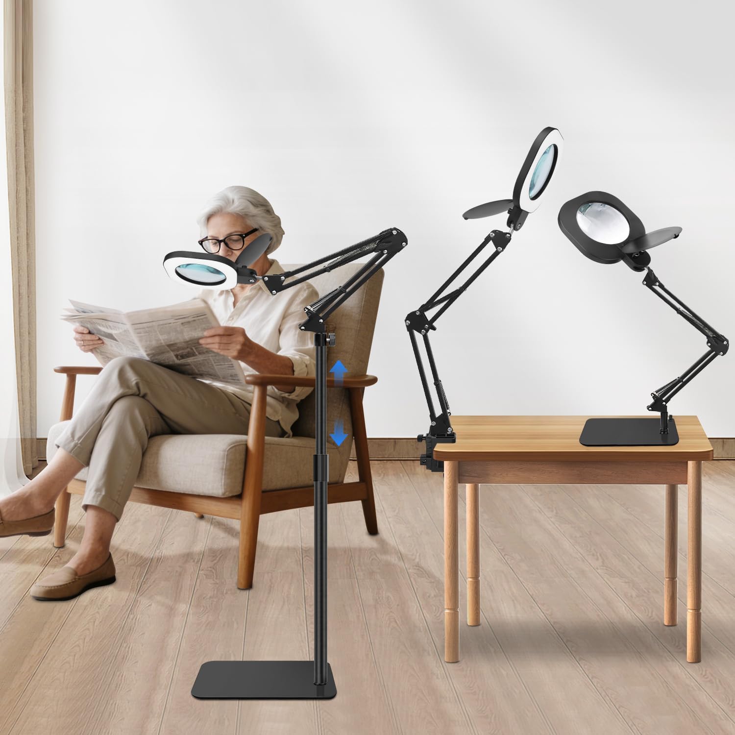 15X 3in1 Floor and Desk Magnifying Glass with Light and Stand, Desk Lamp with Magnifying Glass, 80 LED Bulbs and 5 Color Modes Stepless Dimmable, Hands Free for Crafts Hobby Painting Close Work
