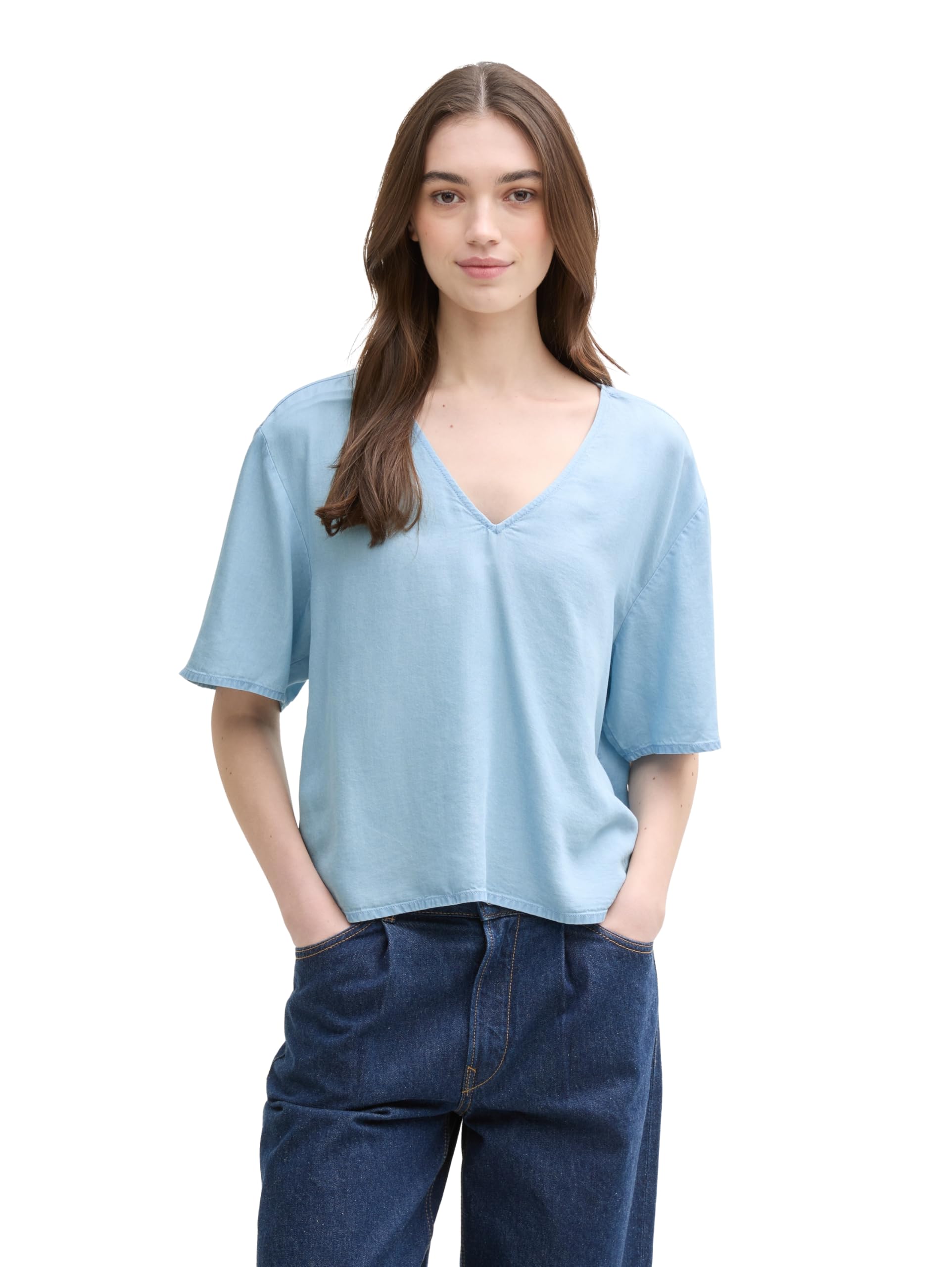 TOM TAILOR Denim Damen Loose Fit Denim Bluse mit V-Ausschnitt