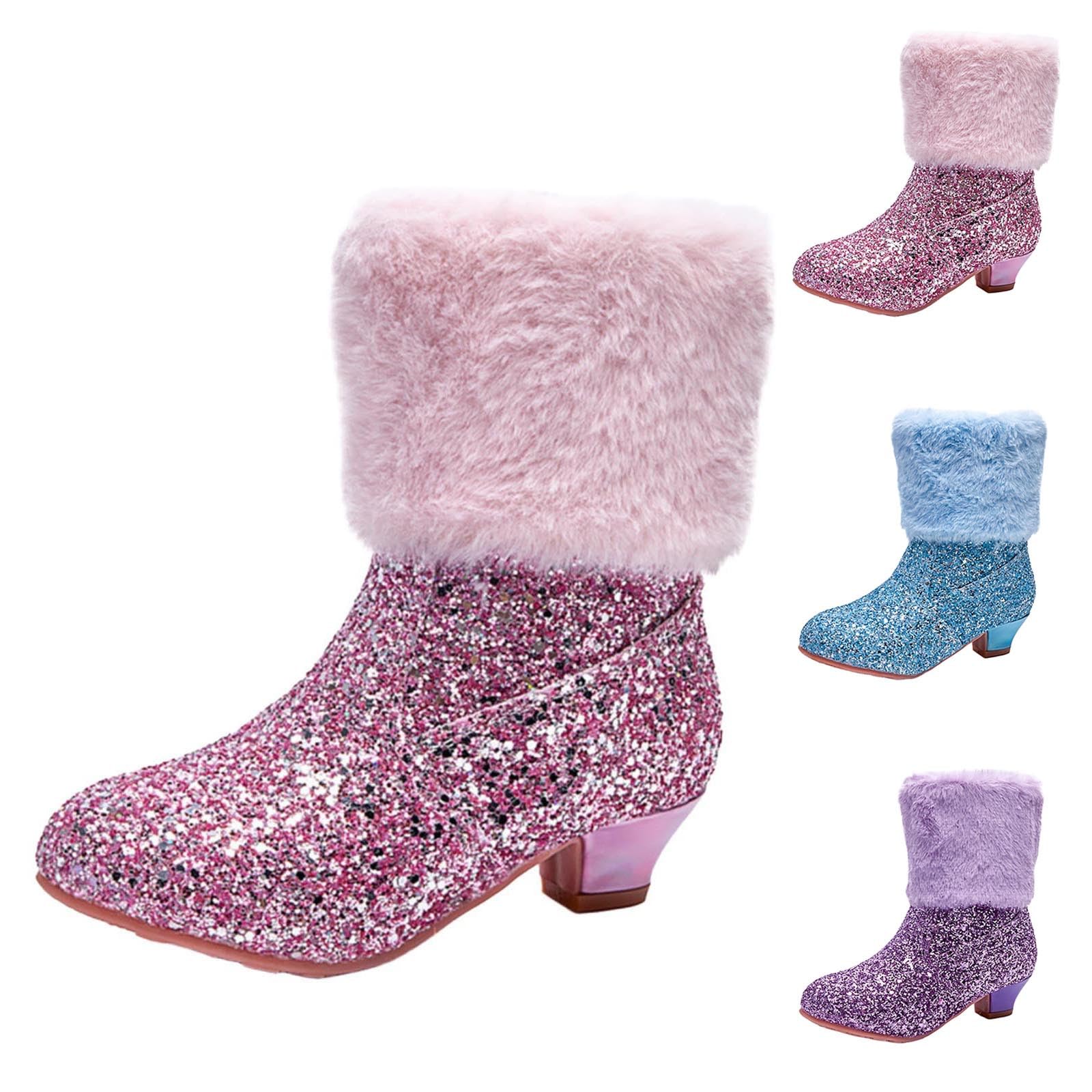 Girls Winter Warm Ankle Boots Fleece Lined Glitter Sequin Sparkle Princess Low Heel Booties with Side Zipper