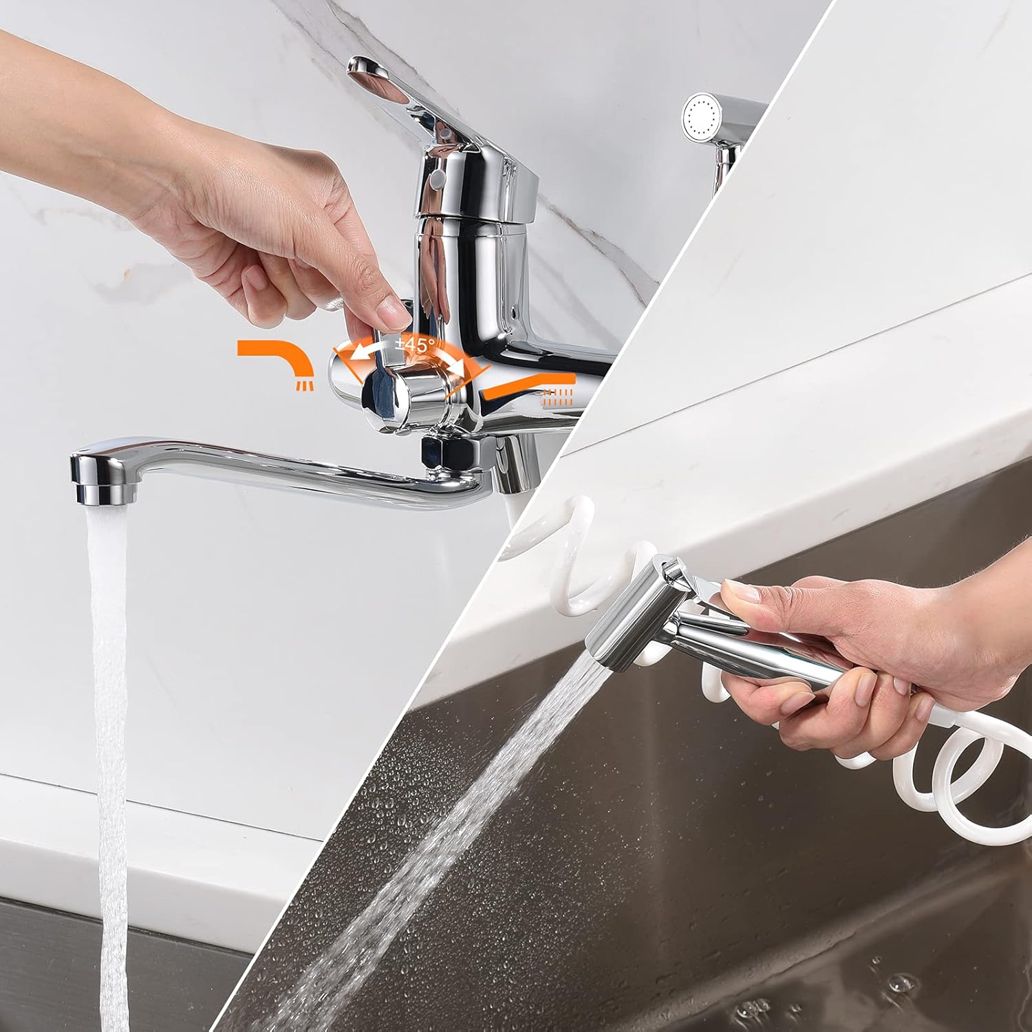 Image showing a hand operating the diverter knob to switch water flow between the main tap spout and the trigger spray head.