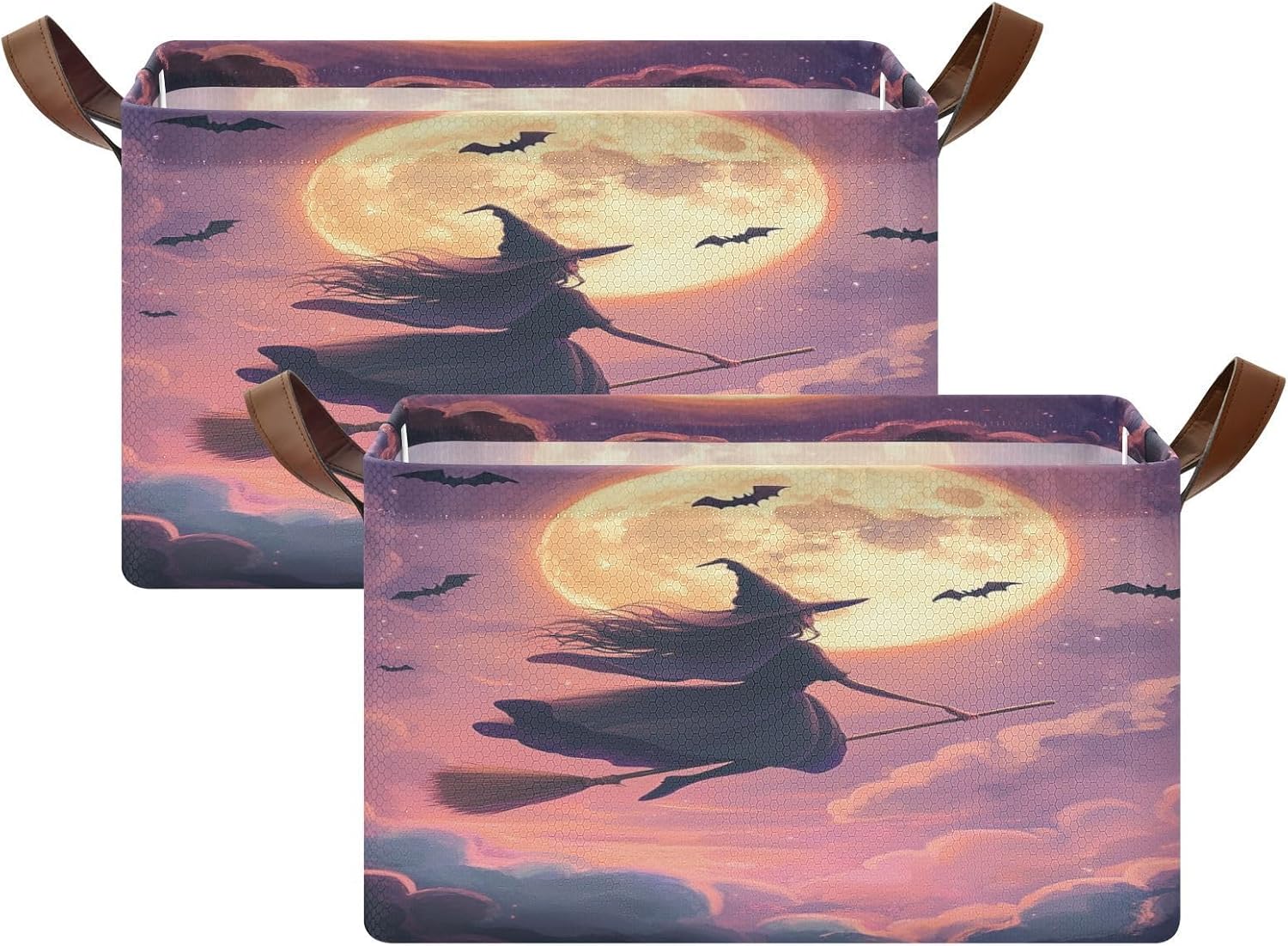 Cartoon Witch Flying 2 Pack Fabric Storage Bins for Shelves Collapsible Cube Storage Bin Basket Storage Cubes with Handle Underbed Storage Bins for Home Closet Clothes Office