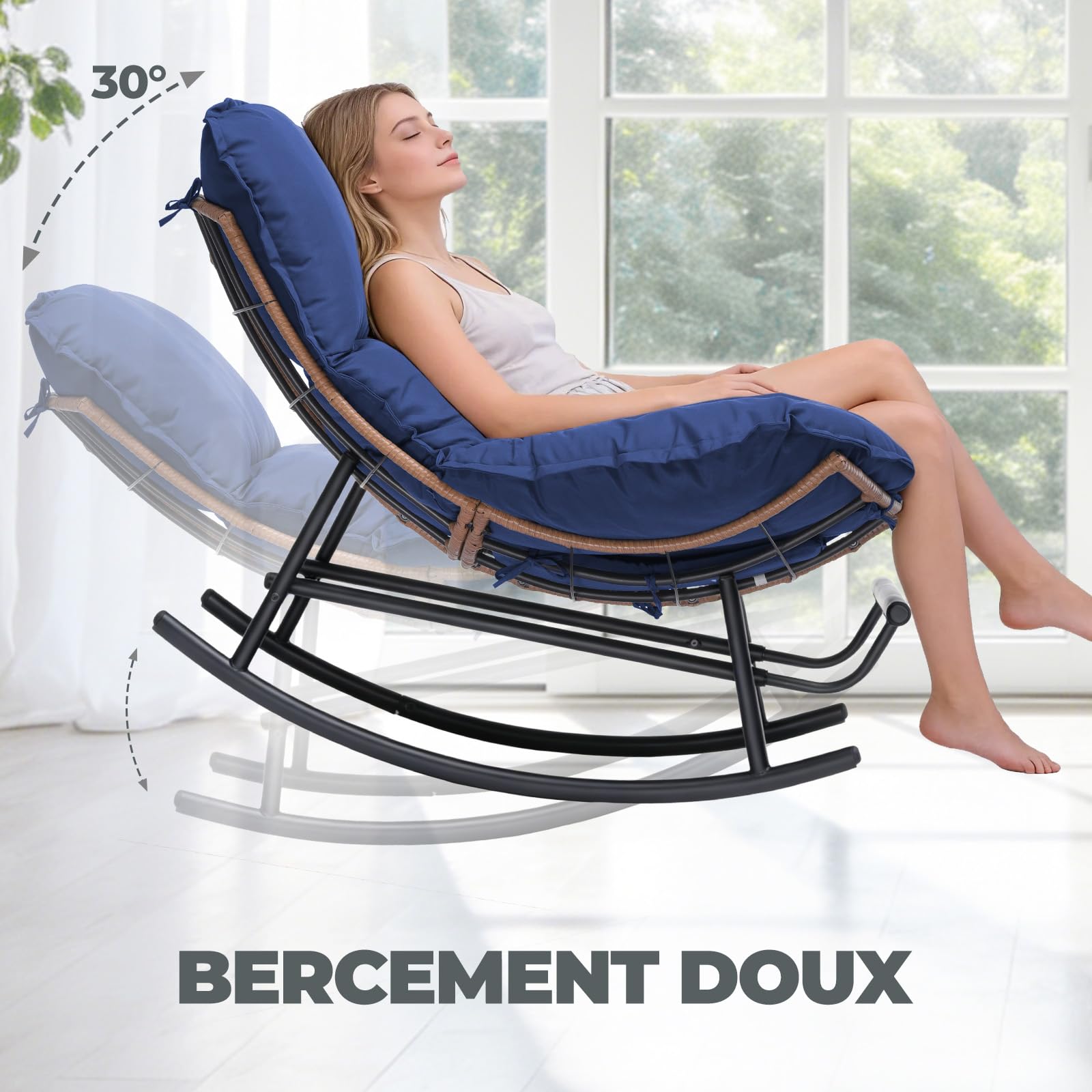 COMHOMA Fauteuil à bascule, fauteuil à bascule, fauteuil de relaxation, structure en acier, repose-pieds extensible, coussin amovible, charge maximale : 136 kg, pour chambre à coucher, salon, terrasse