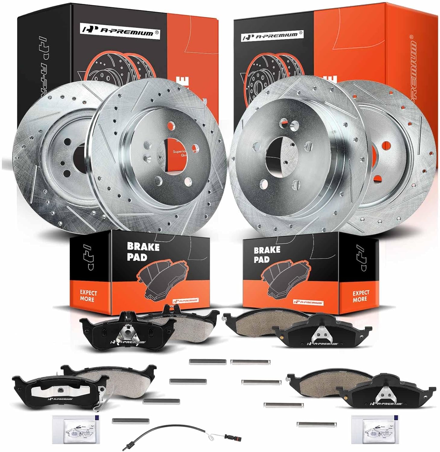 A-Premium Front and Rear Drilled and Slotted Disc Brake Rotors + Ceramic Pads Kit Compatible with Select Mercedes-Benz Model - ML320 1998-2003 3.2L, ML350 2003-2005 3.7L, ML430 1999 4.3L, 12-PC Set