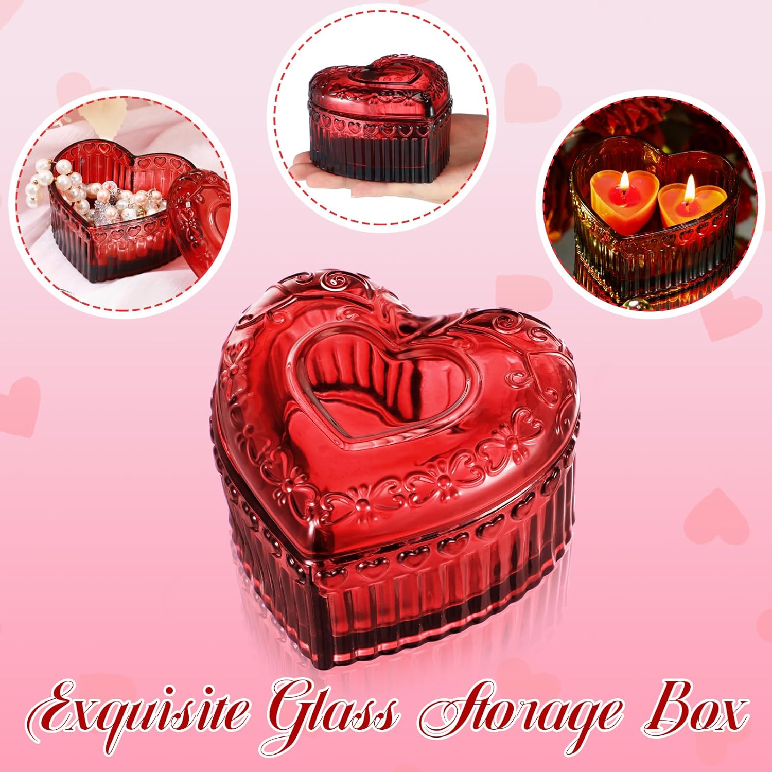Ferreve 4 Pcs Crystal Glass Heart Shaped Storage Box Glass Jewelry Box Embossed Vintage Jewelry Box for Ring Earring Trinkets Women Gift, 3.74''L x 3.54''W x 2.36''H (Red)